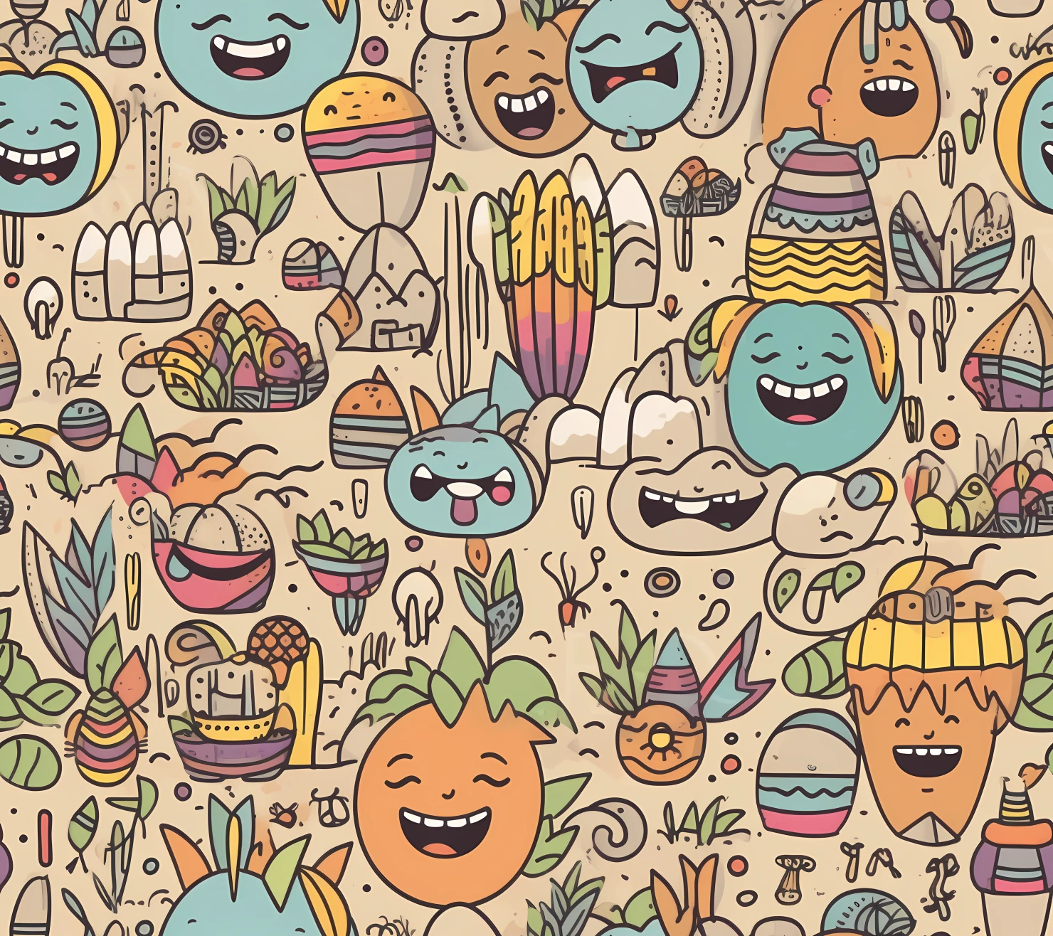 Emoji boho seamless pattern on a light color background #29905