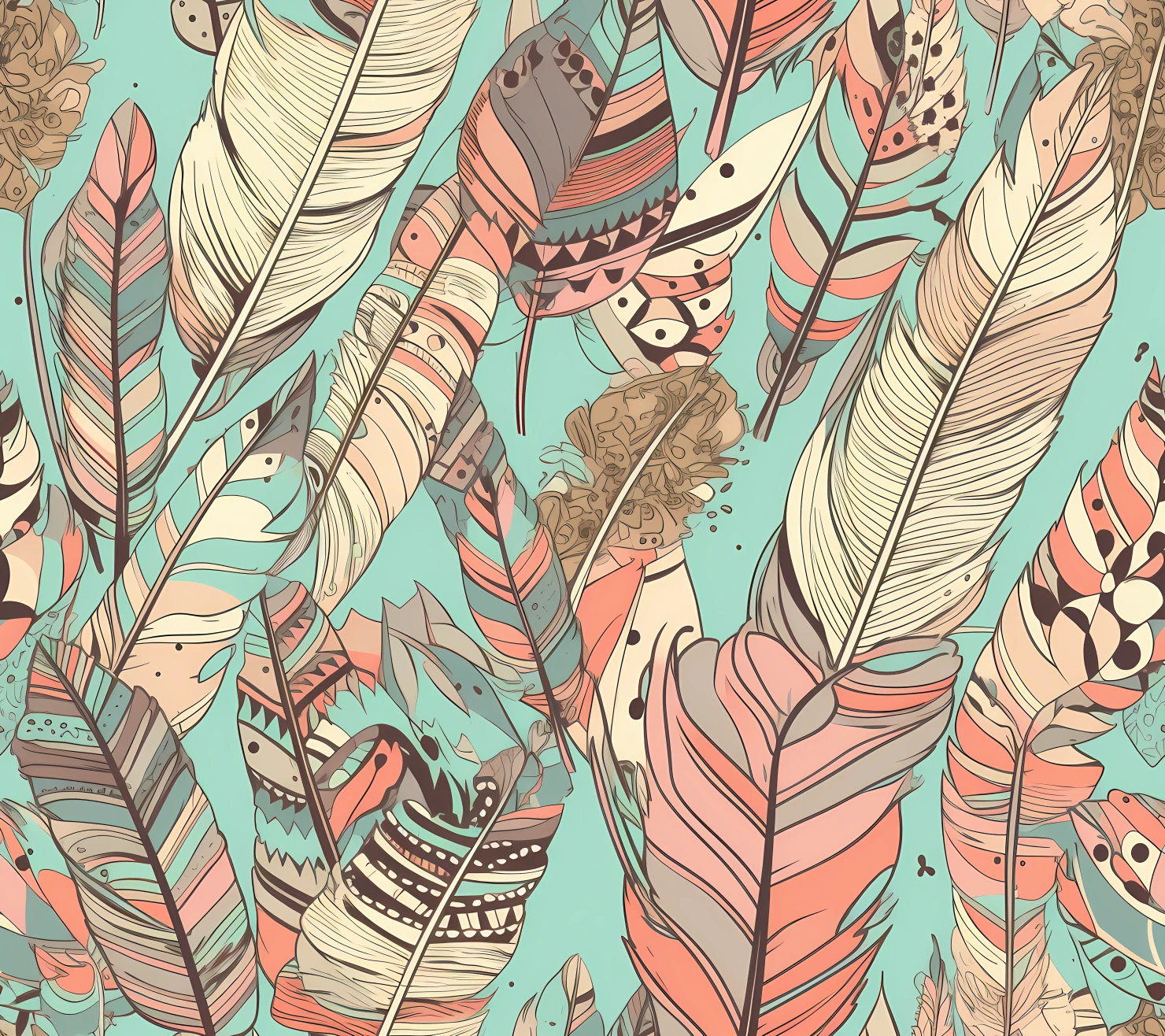 Feather boho seamless pattern on a light color background #29913