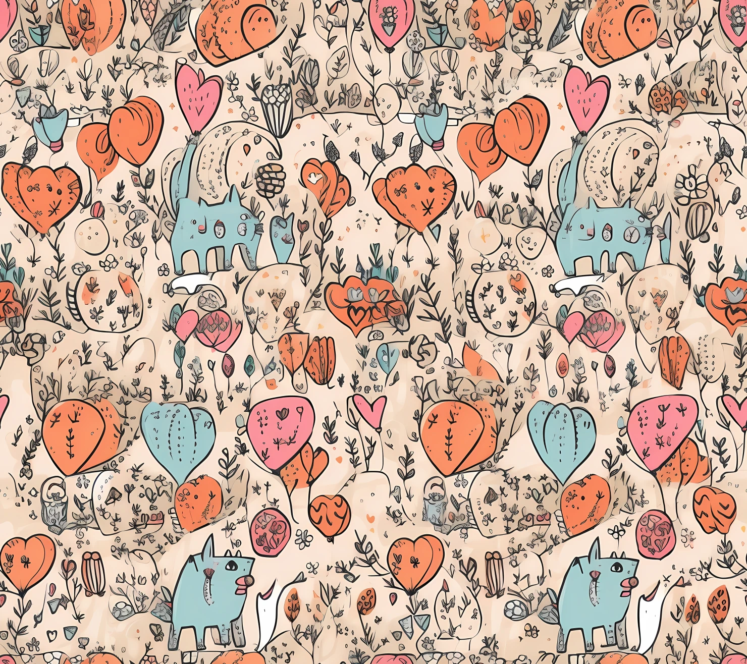 Hearts with cat boho seamless pattern on a light color background #29981
