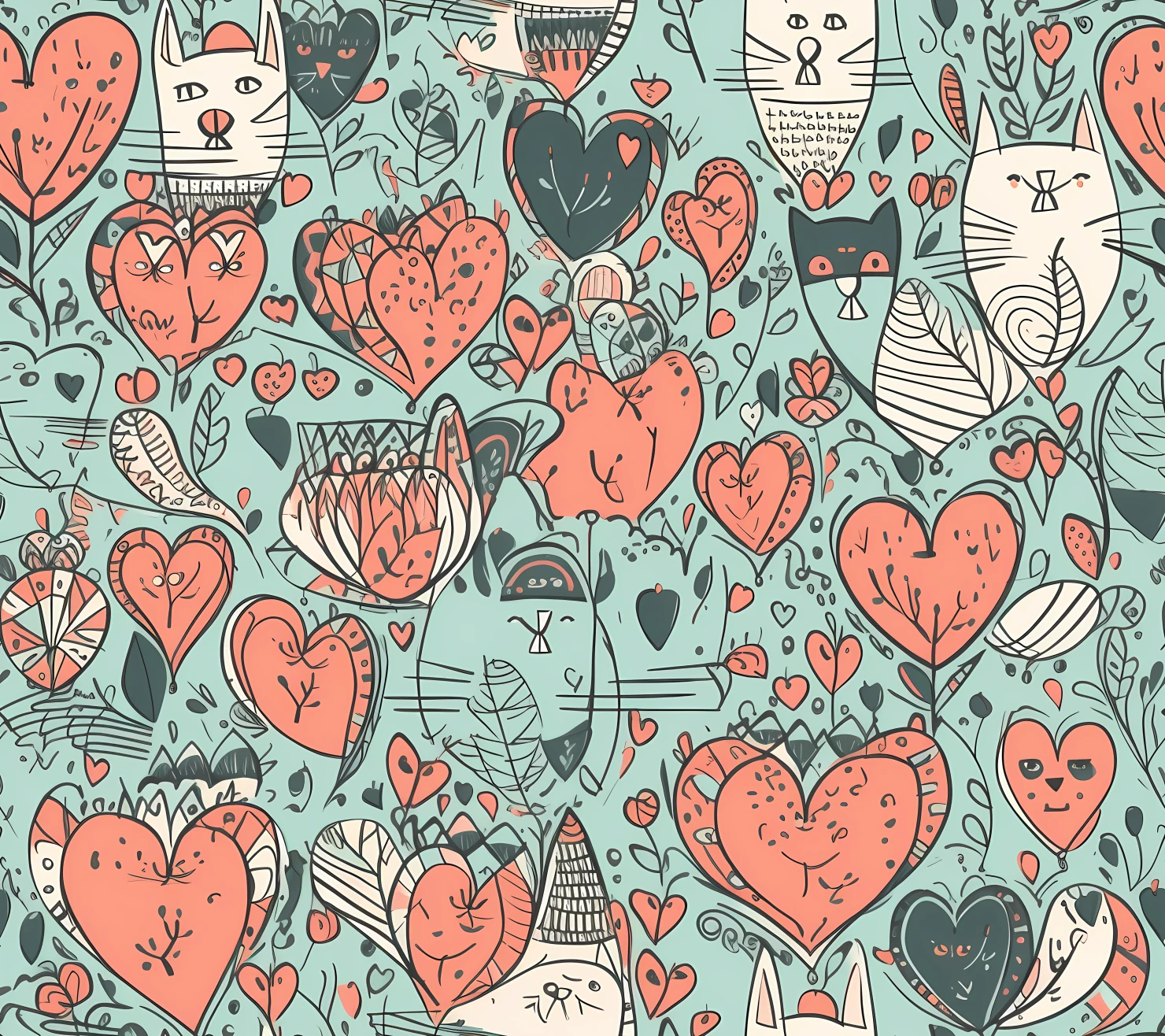 Hearts with cat boho seamless pattern on a light color background #29982
