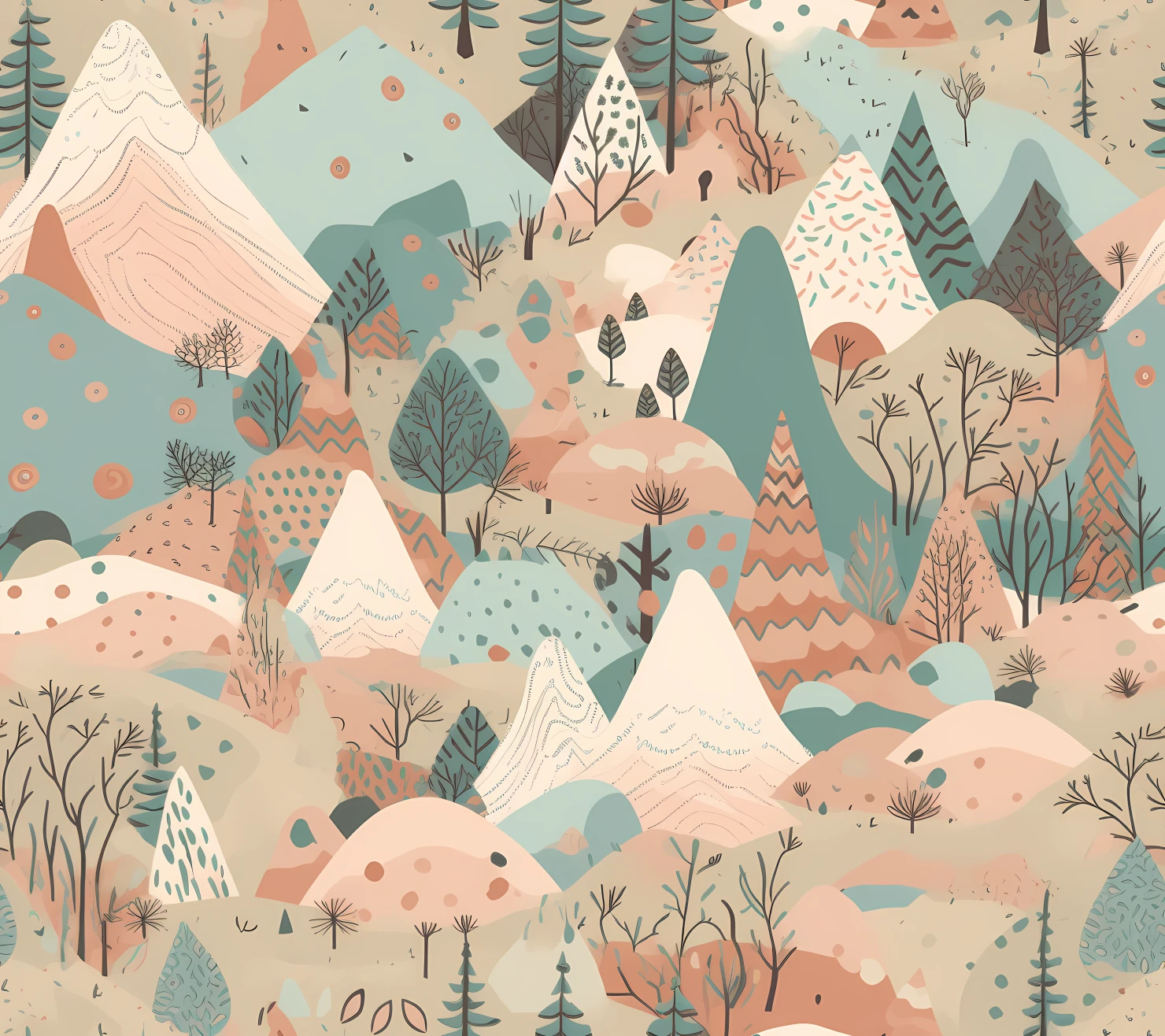 Mountain forest boho seamless pattern on a light color background #30096