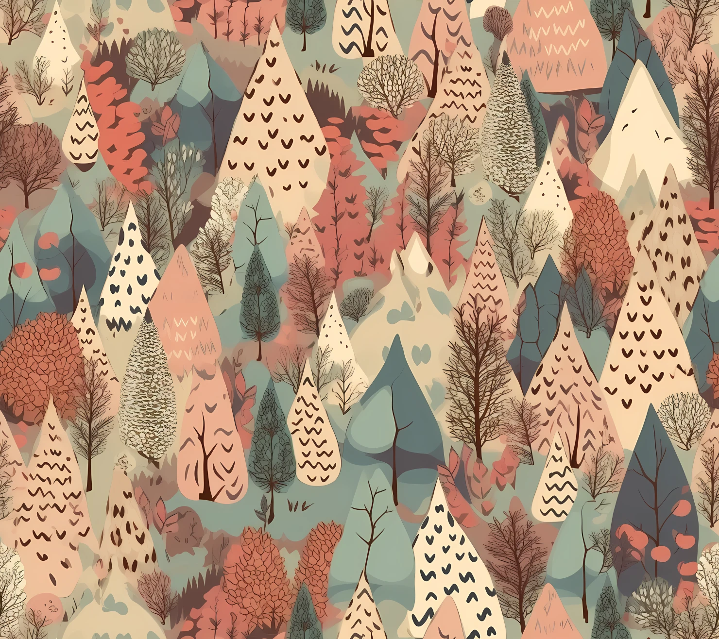 Mountain forest boho seamless pattern on a light color background #30098