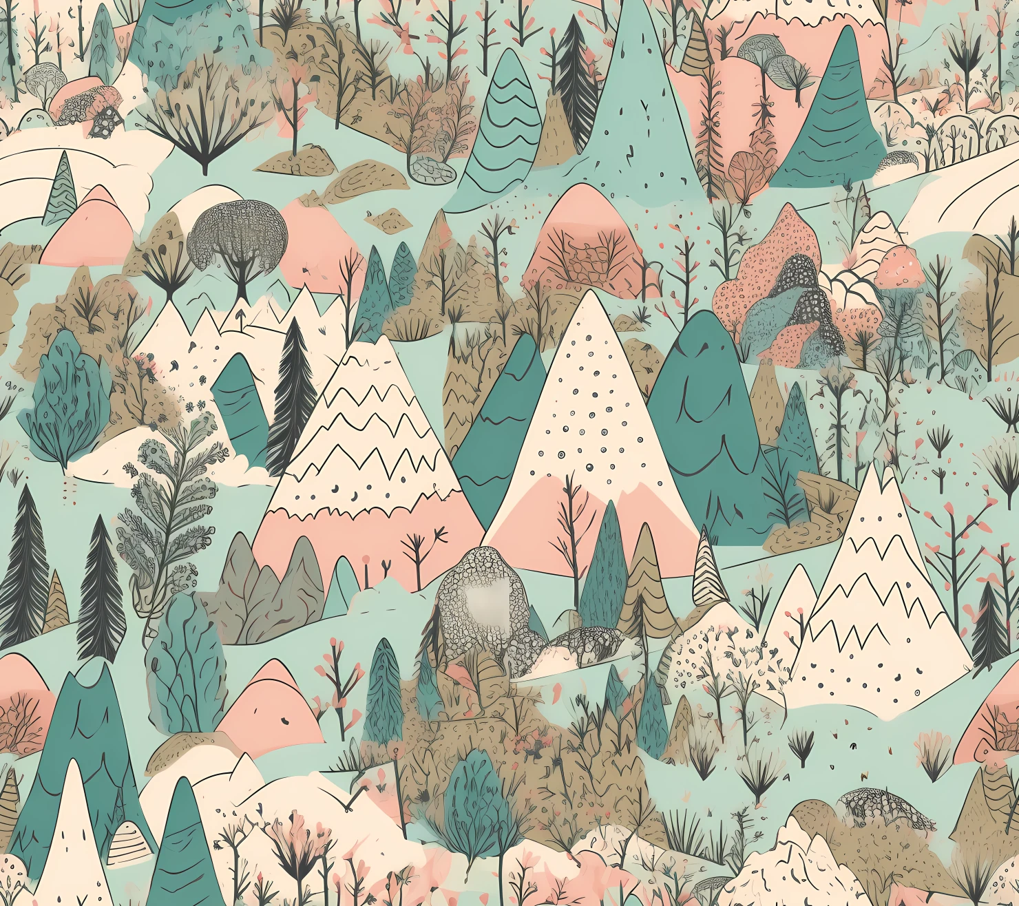Mountain forest boho seamless pattern on a light color background #30101