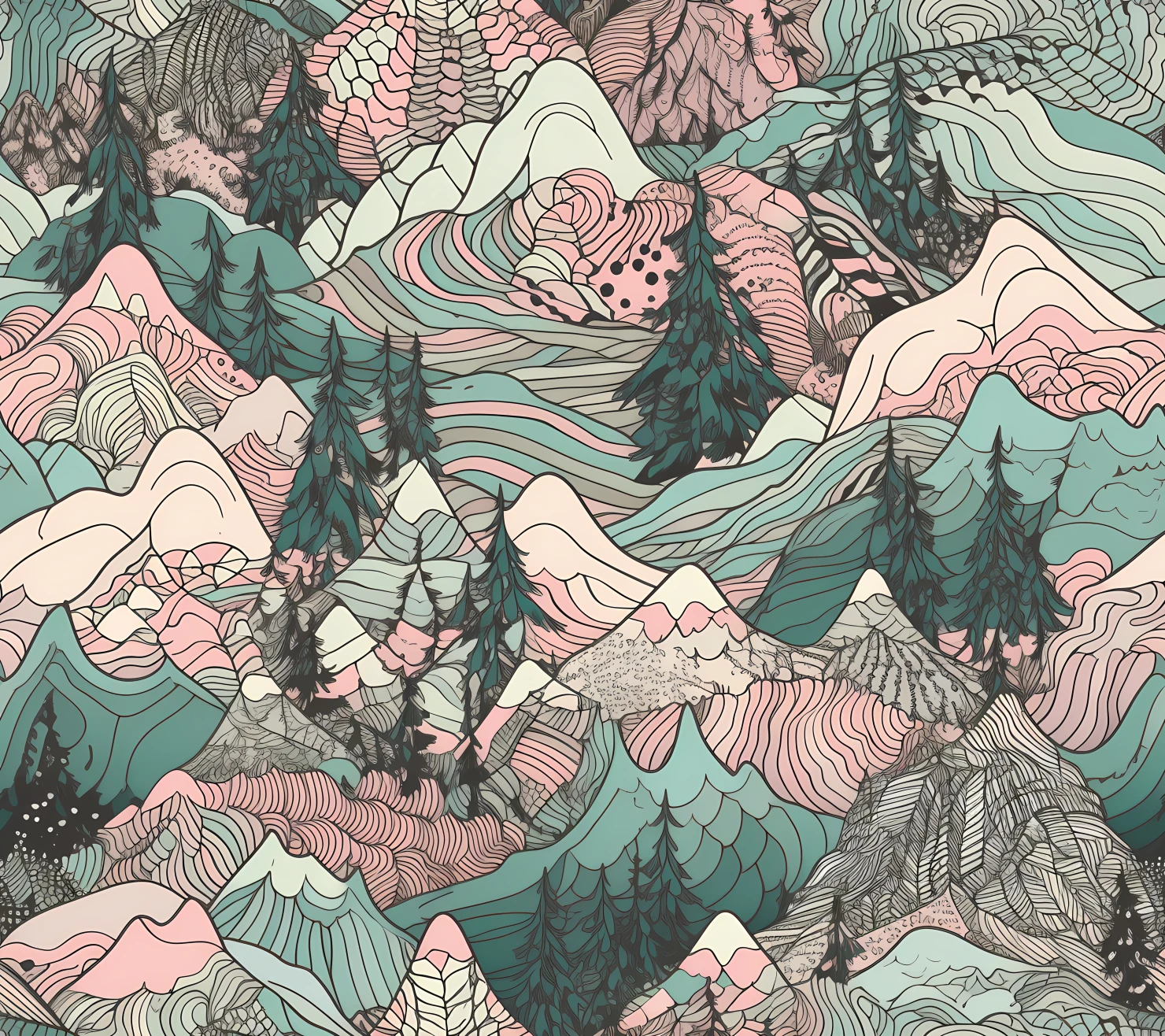 Mountain forest boho seamless pattern on a light color background #30103