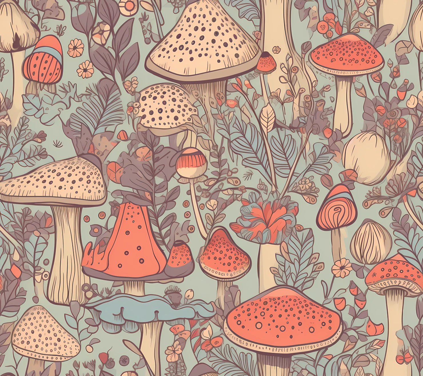 Mushroom boho seamless pattern on a light color background #30104