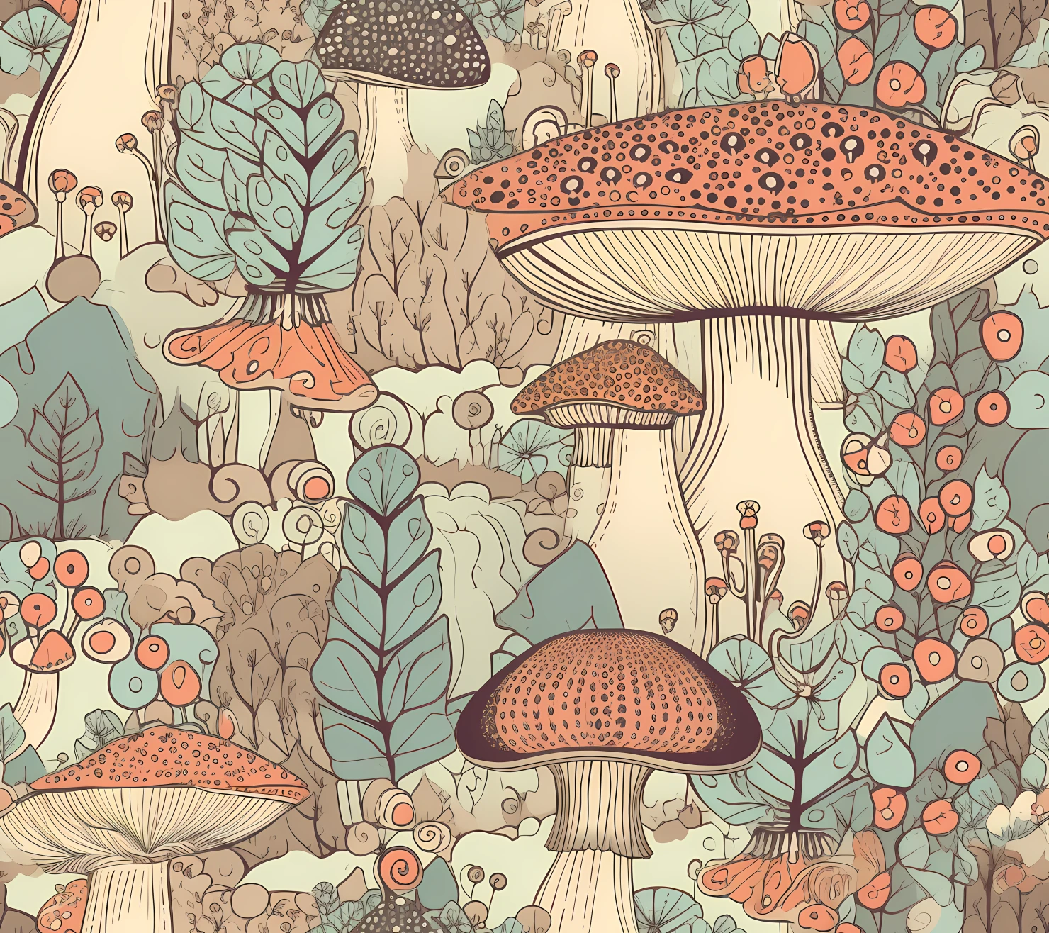 Mushroom boho seamless pattern on a light color background #30105