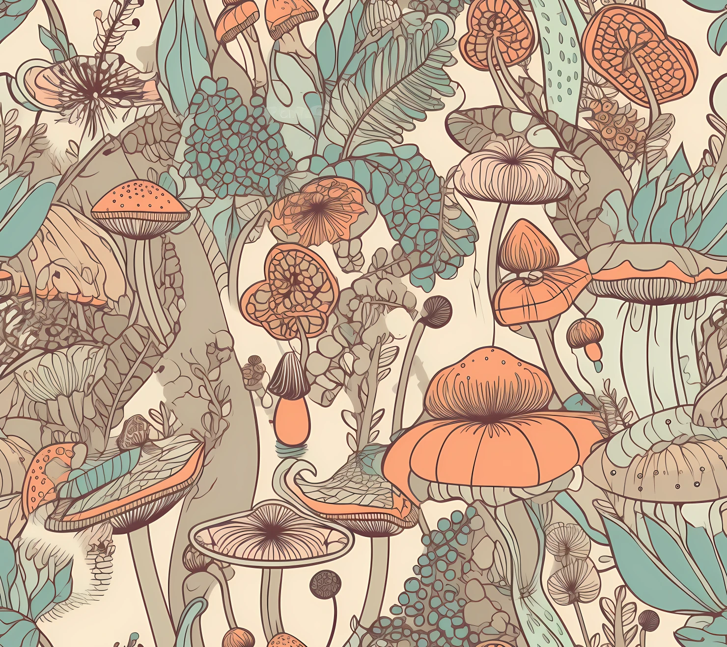Mushroom boho seamless pattern on a light color background #30107