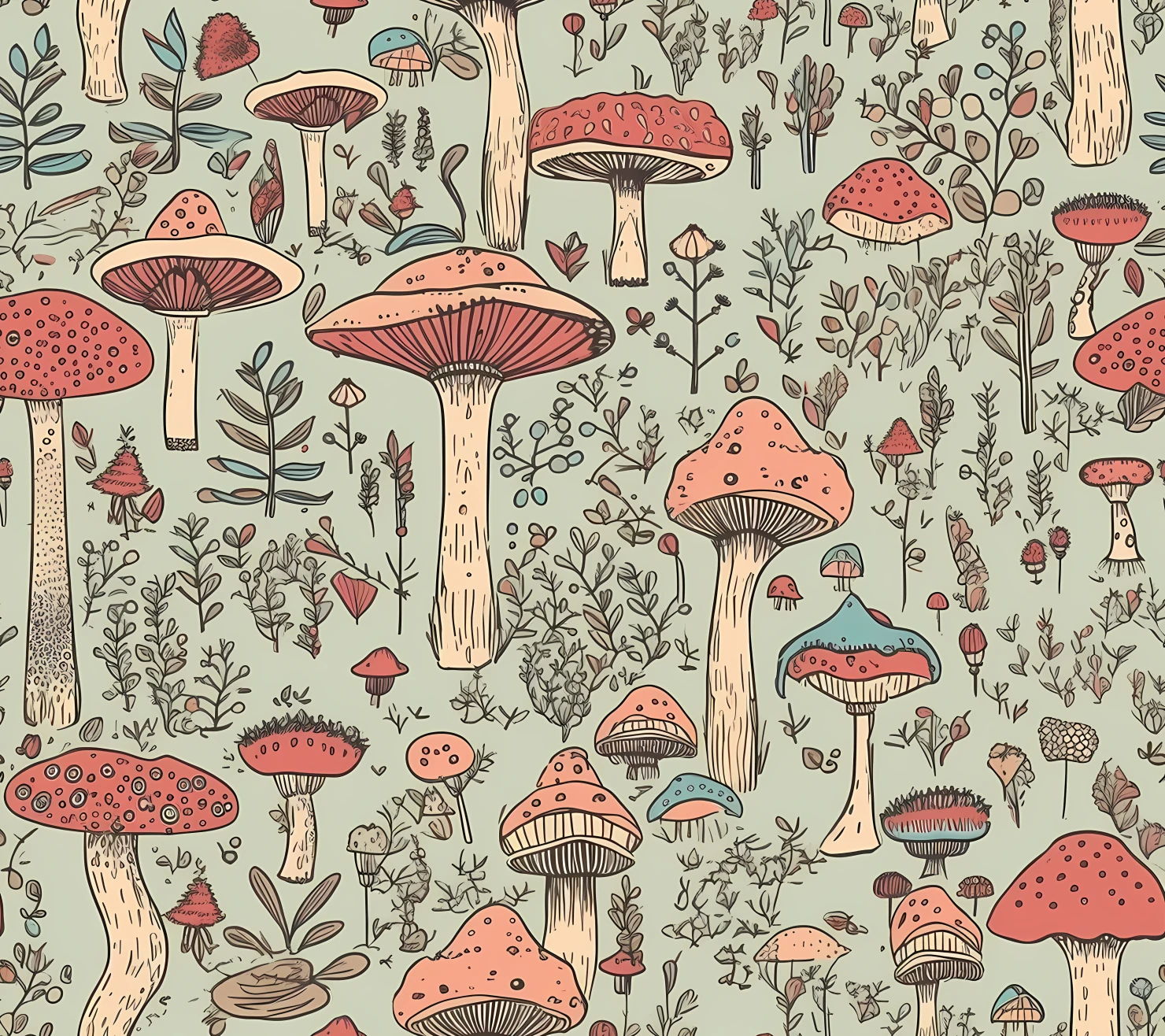 Mushroom boho seamless pattern on a light color background #30111