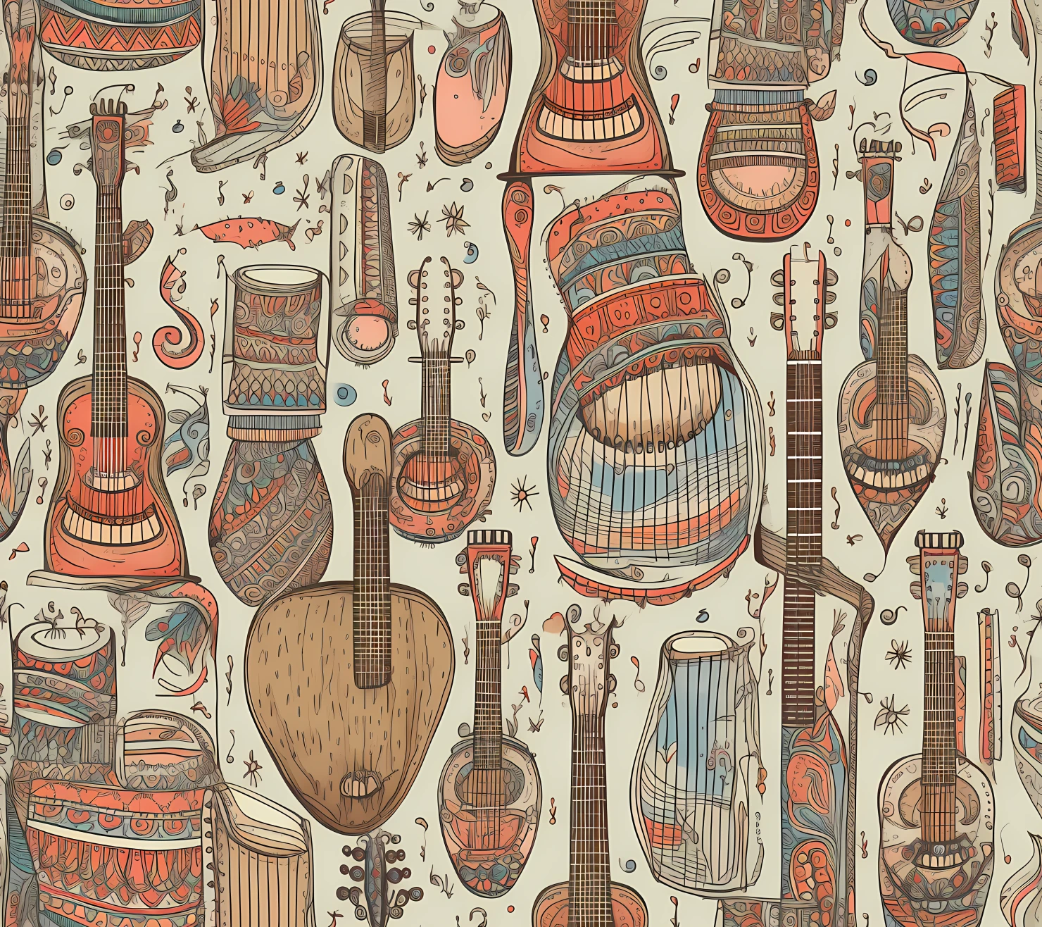 Music instruments boho seamless pattern on a light color background #30114