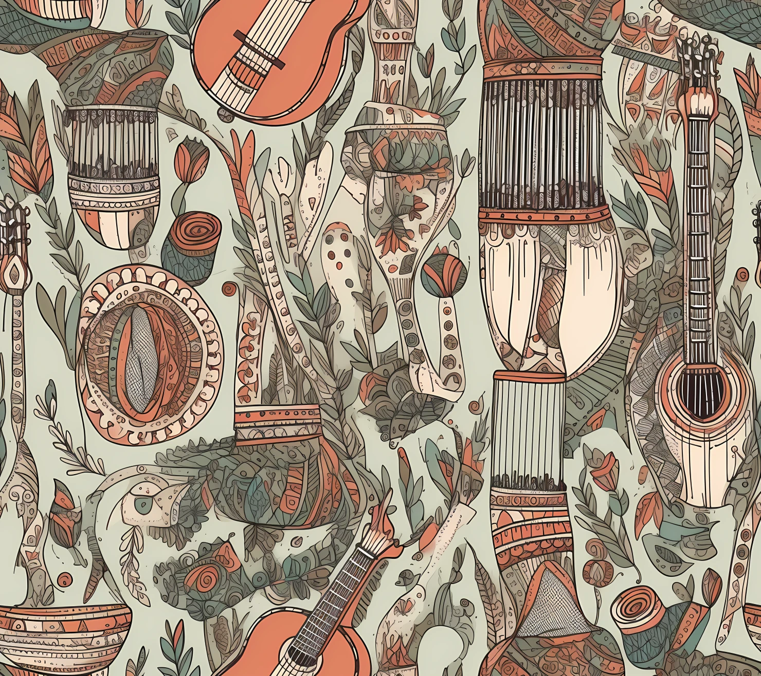 Music instruments boho seamless pattern on a light color background #30115
