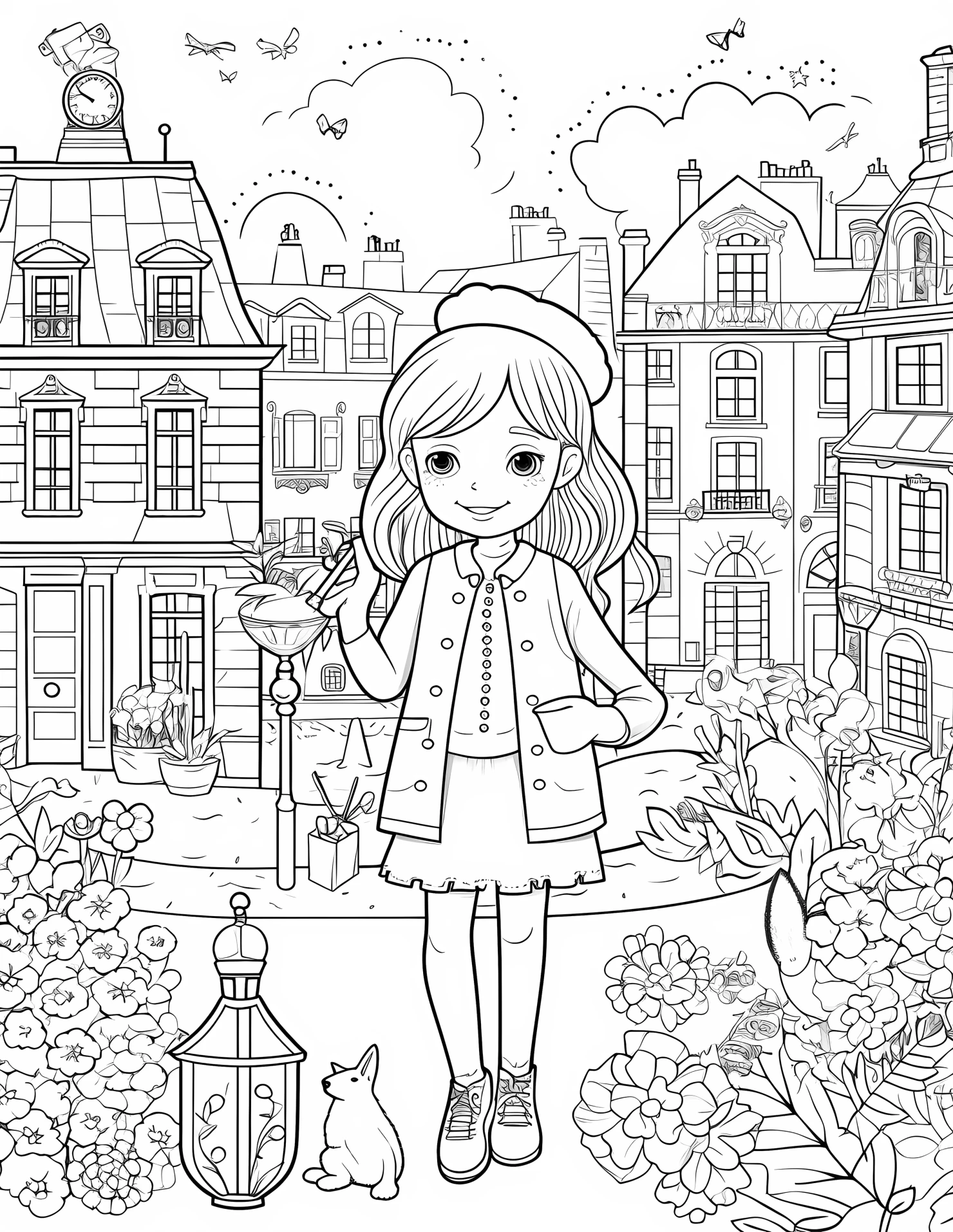 Small city for kids coloring page on white color background #32746