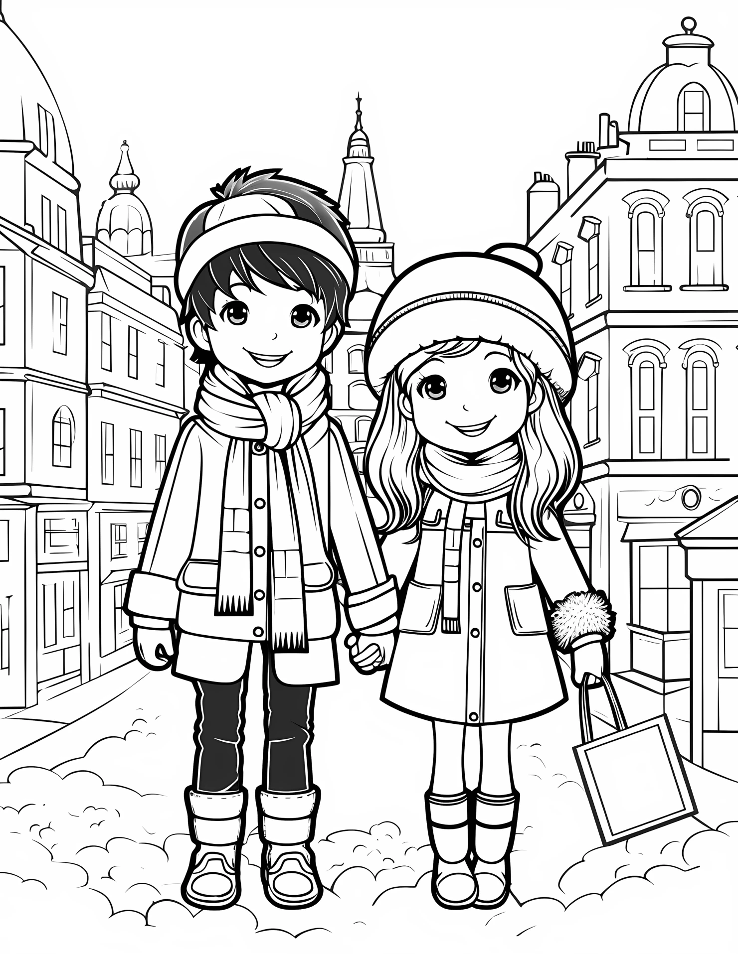 Small city for kids coloring page on white color background #32747
