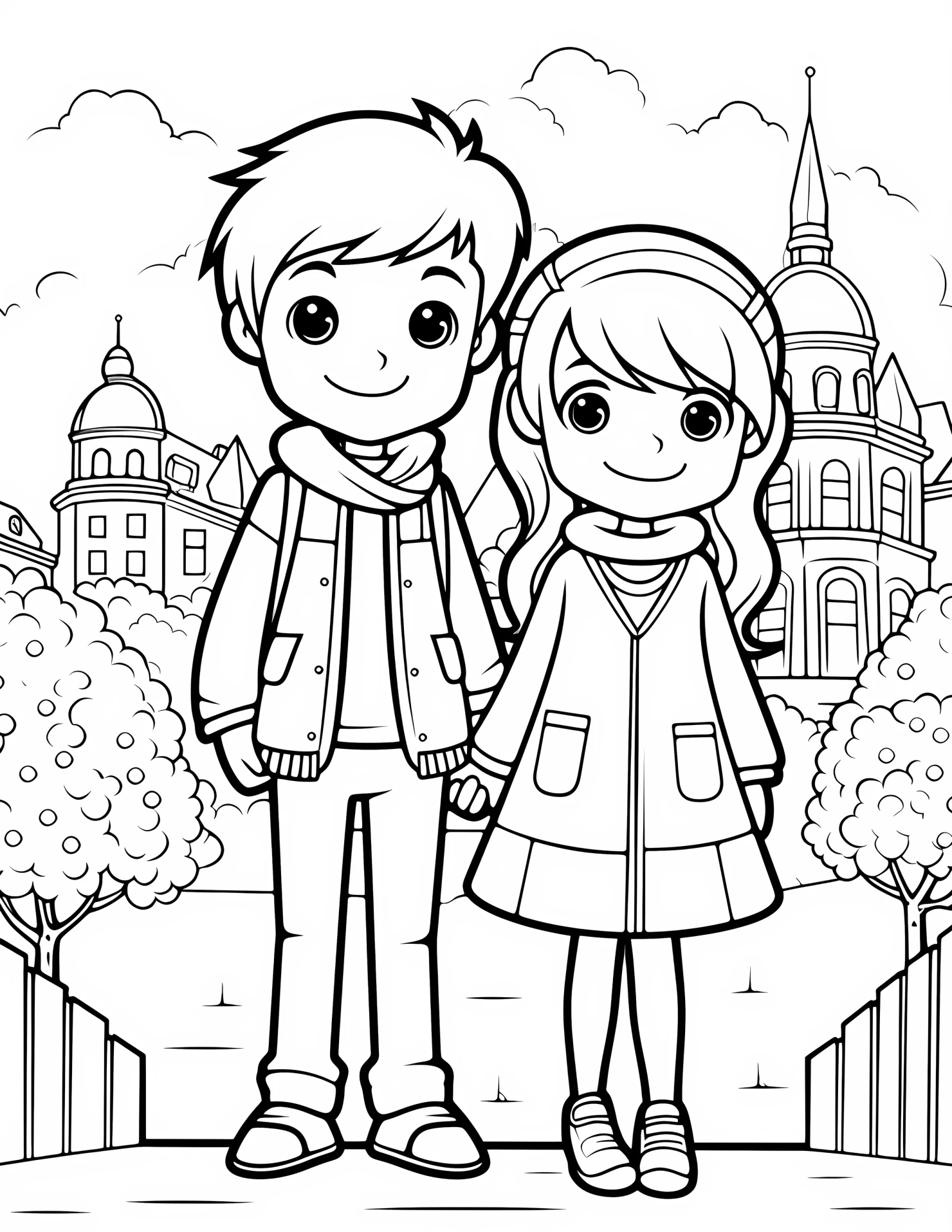 Small city for kids coloring page on white color background #32749