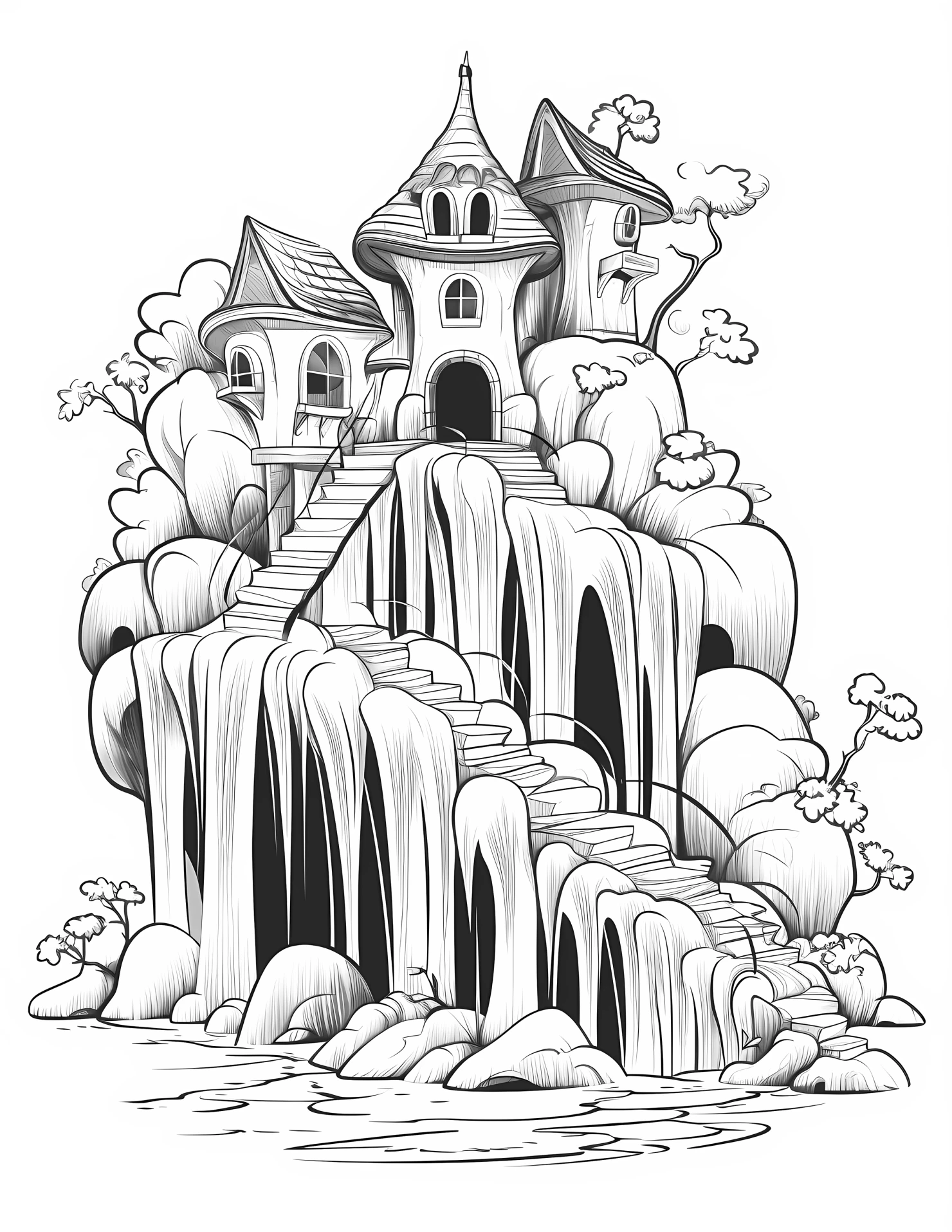 Waterfall for kids coloring page on white color background #33300
