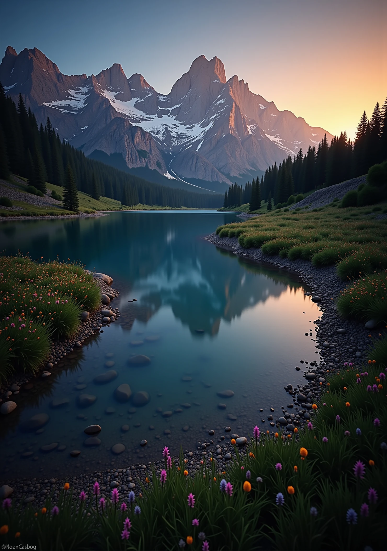 Serene Mountain Landscape with Lake Reflection at Sunrise #39919