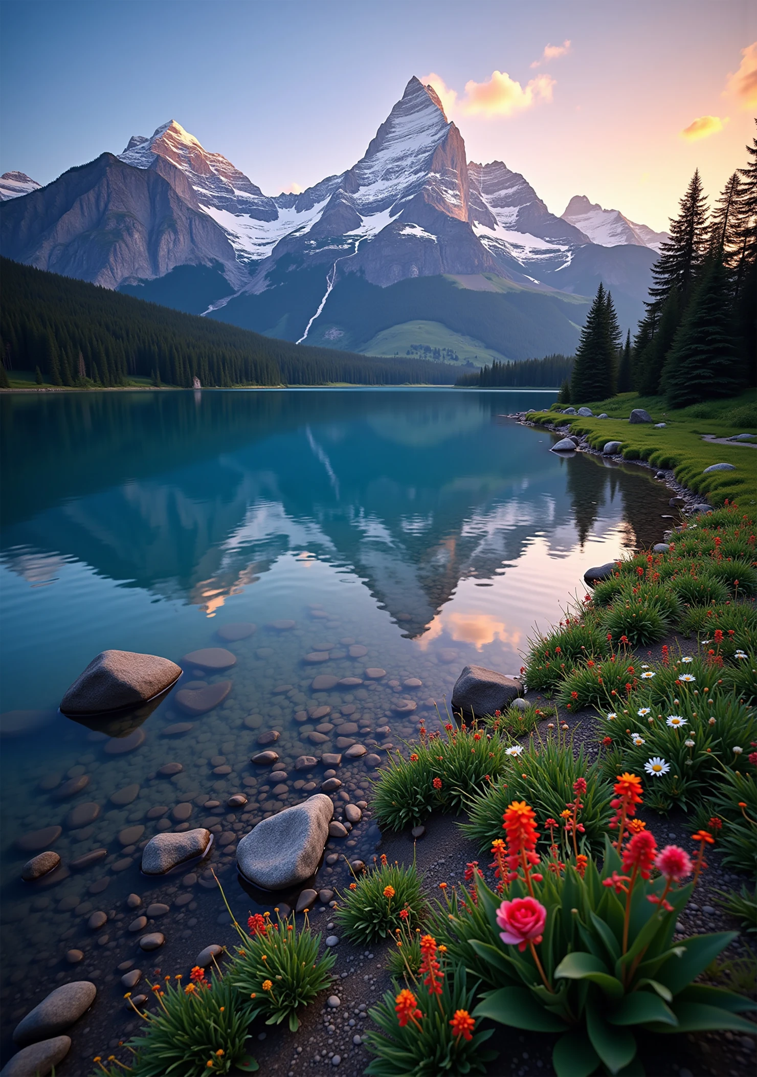Serene Mountain Landscape with Lake Reflection at Sunrise #39927