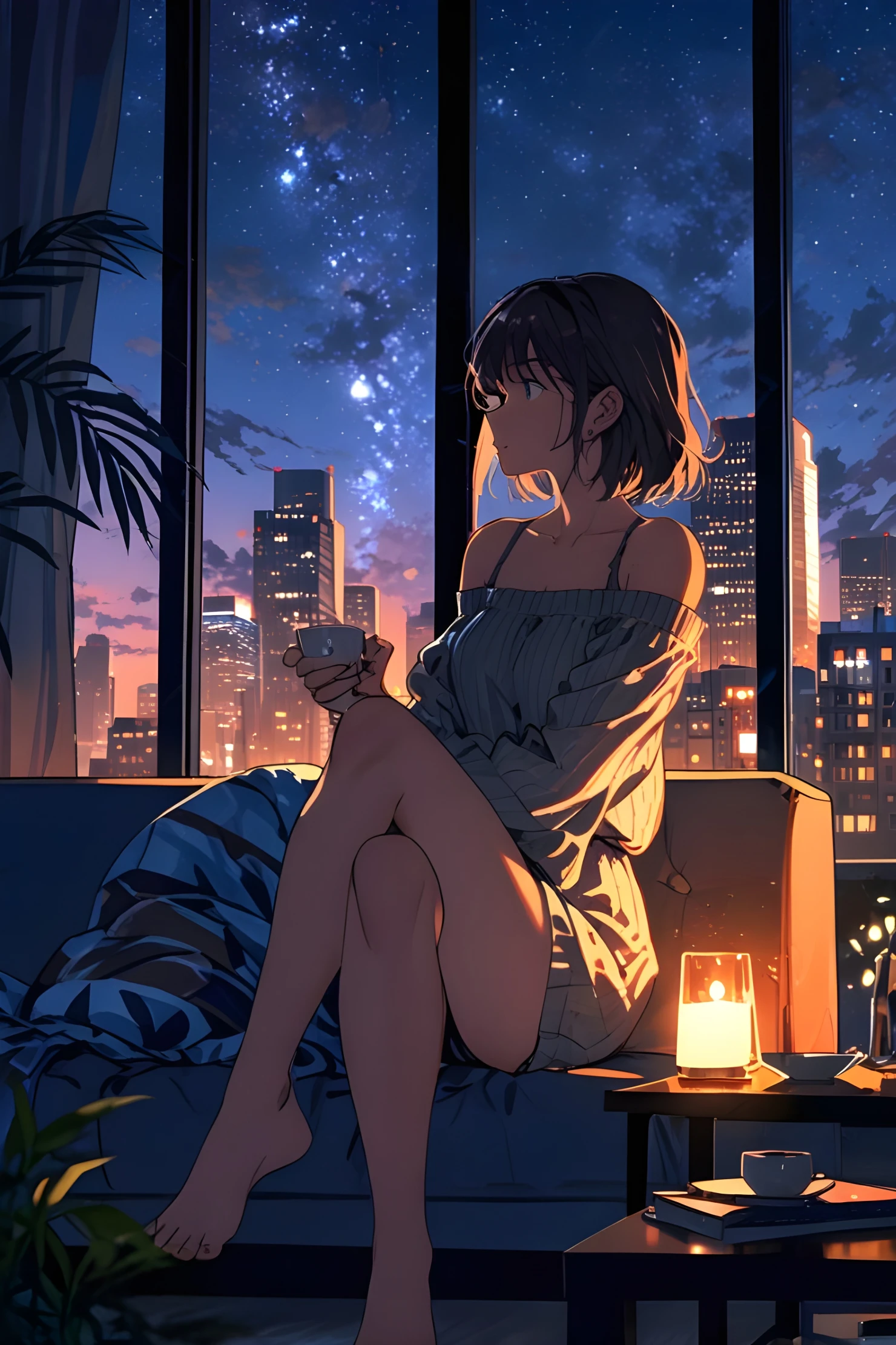 young woman sitting on a couch anime style #39934
