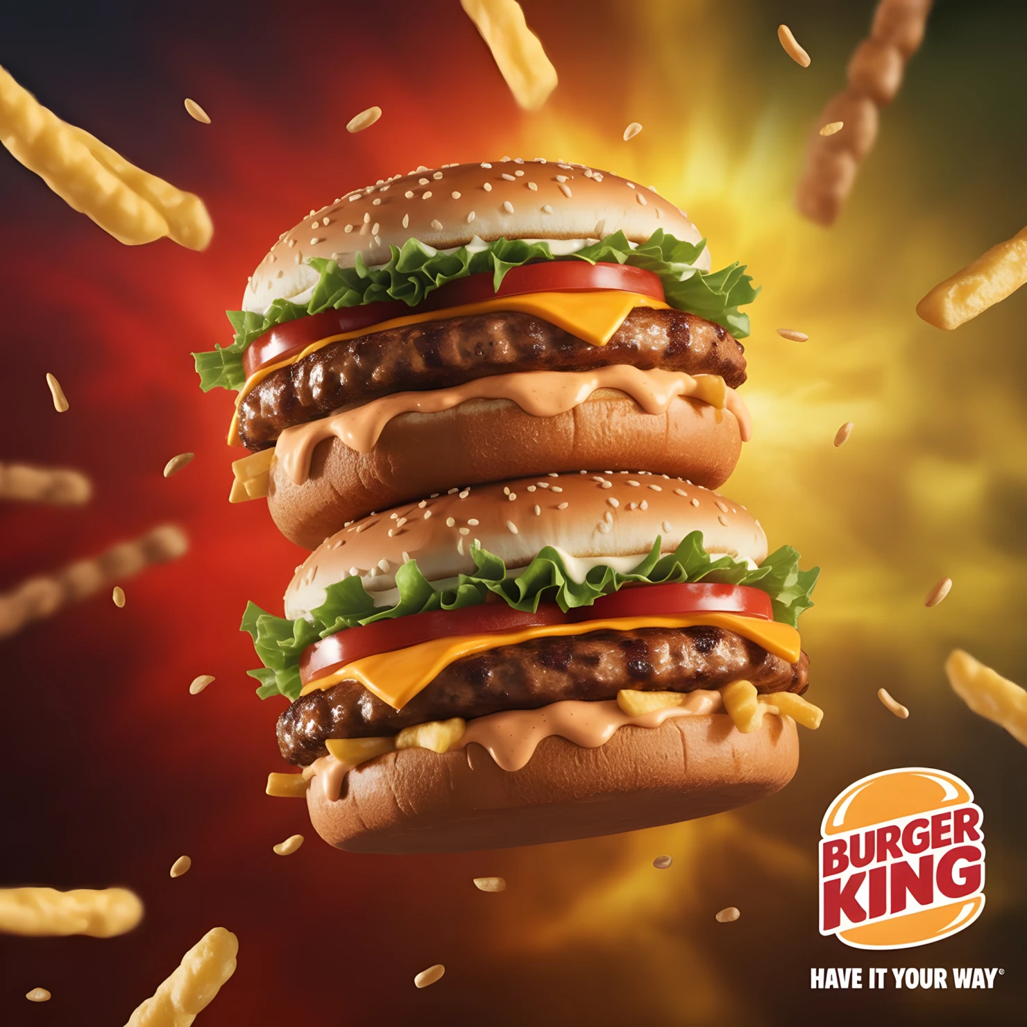 Double Stack Burger with Crispy Fries and Melting Cheese #39985