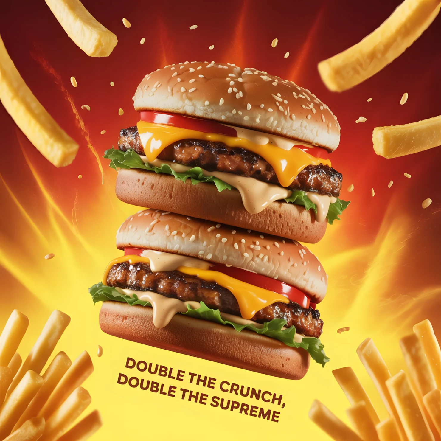 Explosive Double Supreme Burgers with French Fries Background #39989