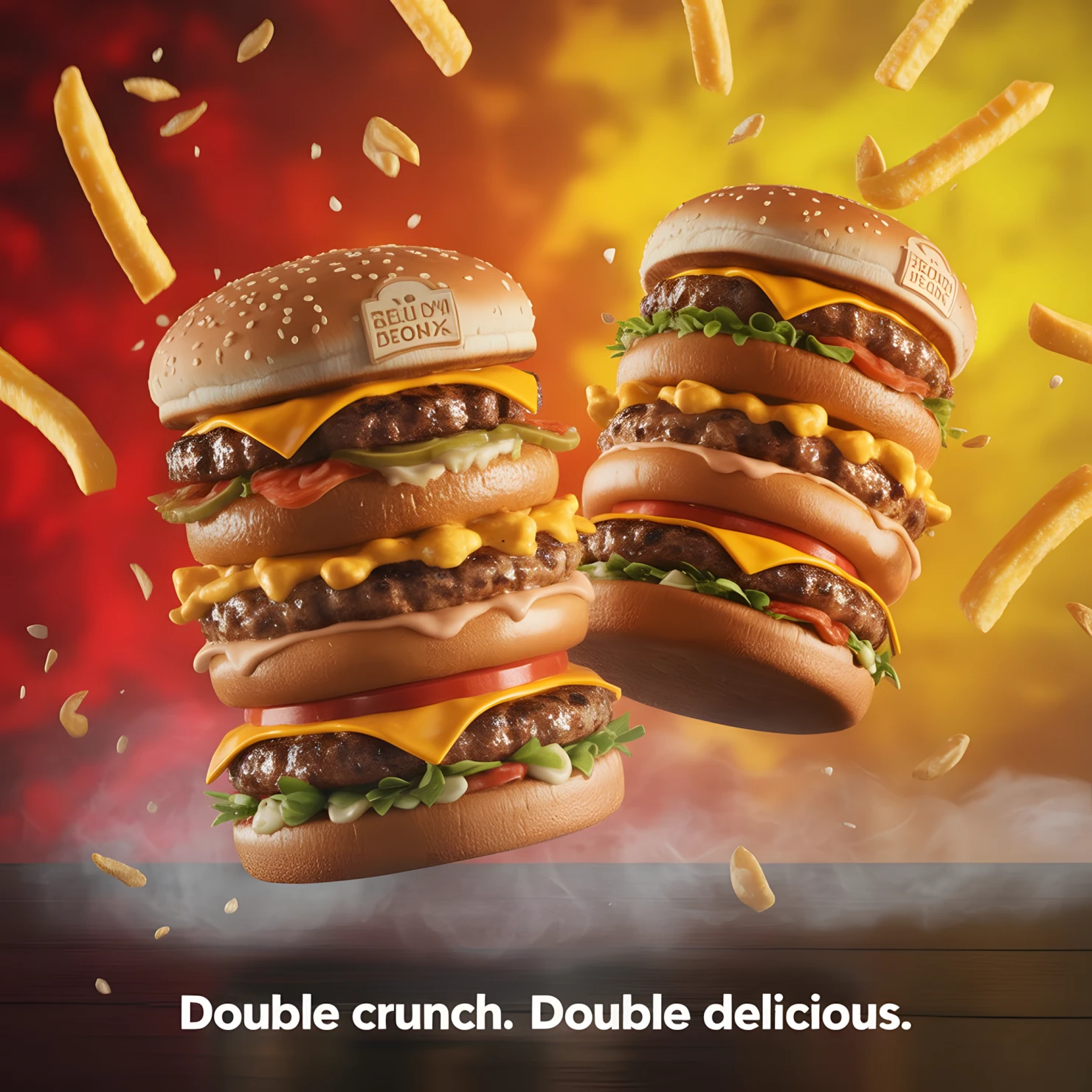 Two Layer Cheese Burgers with Fries in Motion #39990