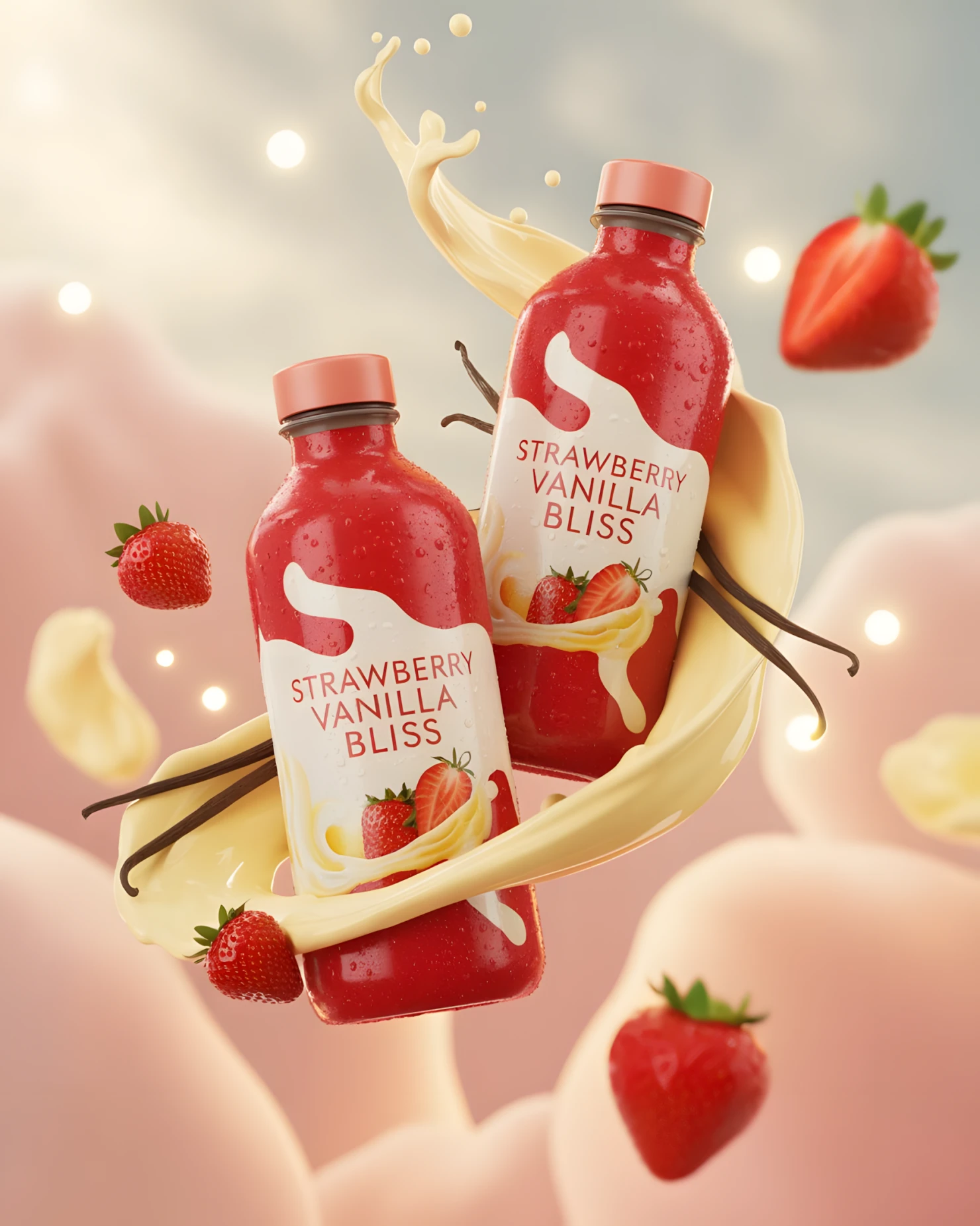 Strawberry Vanilla Bliss Beverage Splash with Floating Strawberries #39991