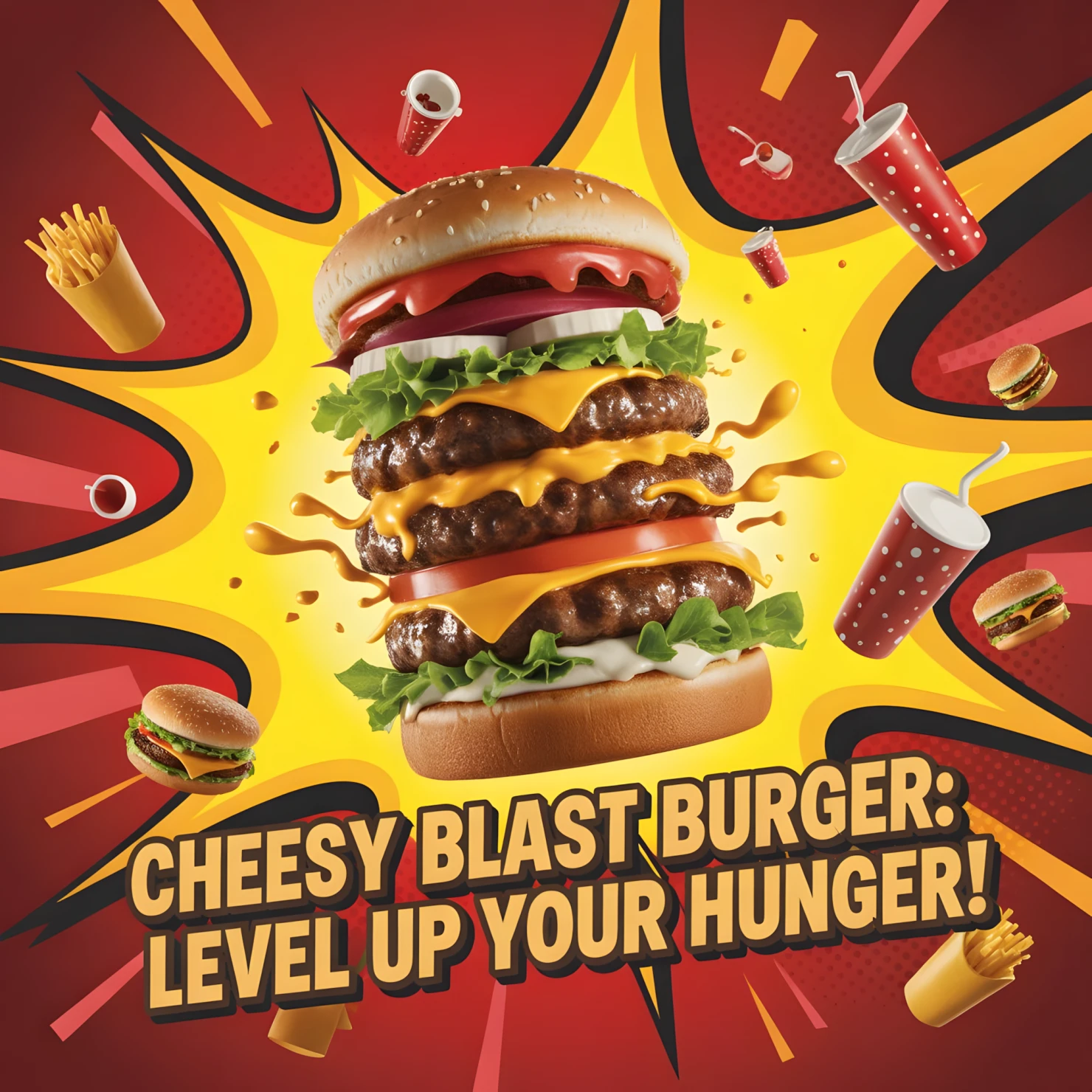 Towering Cheesy Blast Burgers with Fries and Soda #39993