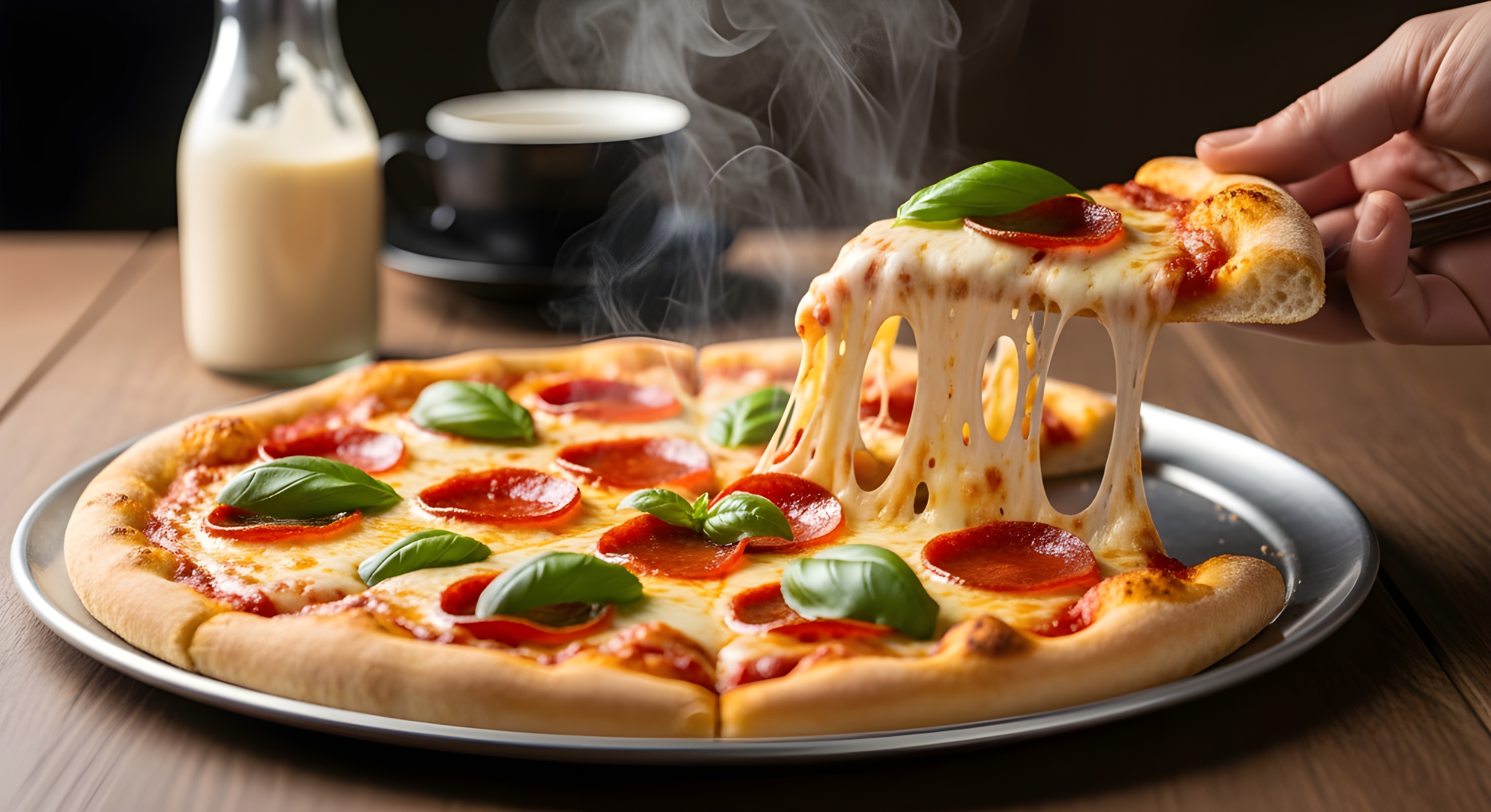 Delicious cheese loaded pepperoni pizza slice being lifted with gooey mozzarella stretch and fresh basil on golden crust over rustic table with warm lighting steam #40012