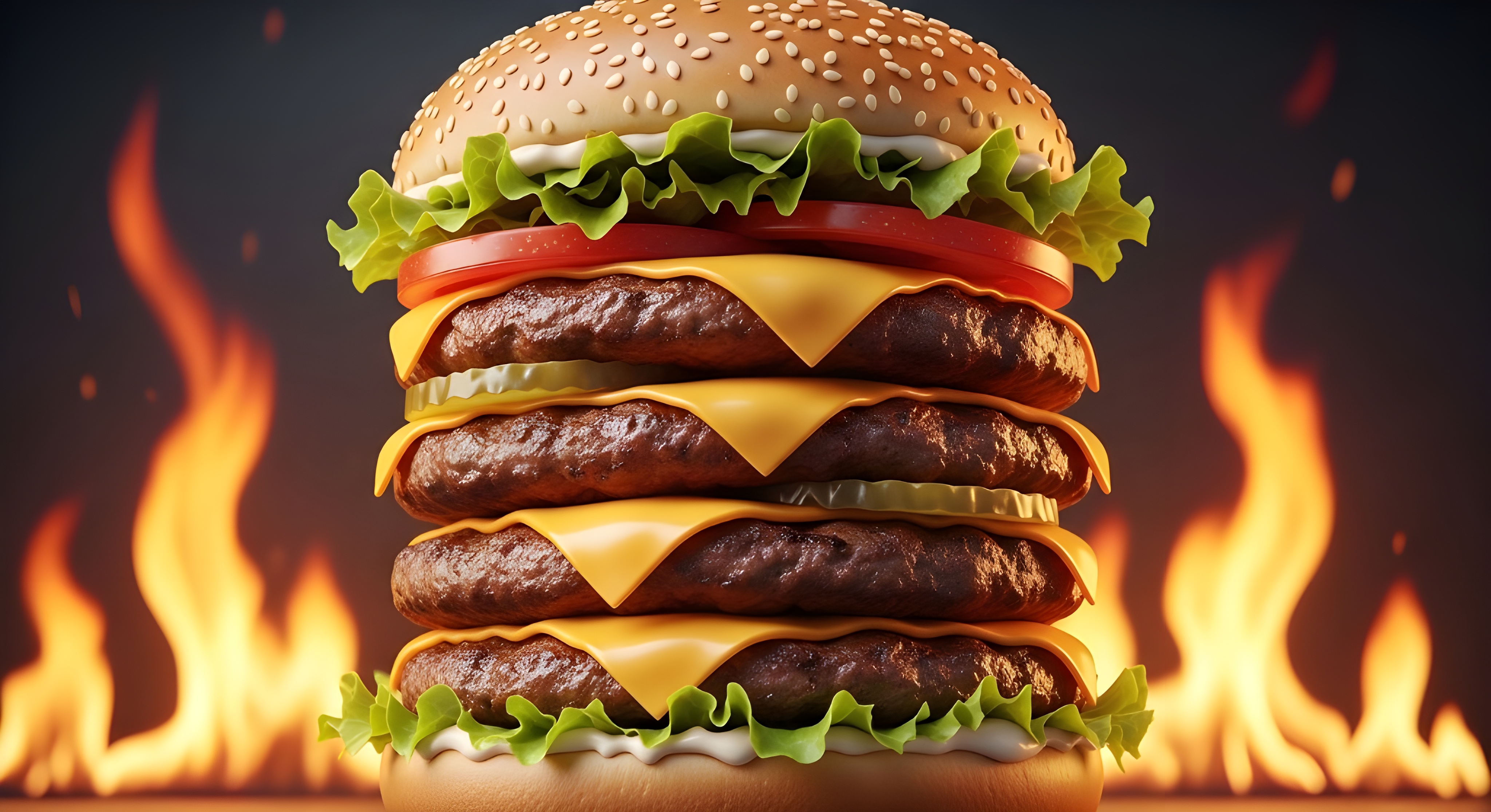 Hyperrealistic cinematic image of gourmet burger with beef patty cheddar cheese pickles lettuce tomato and crispy fries on rustic wooden board with warm lighting sparks and shallow depth effect #40013