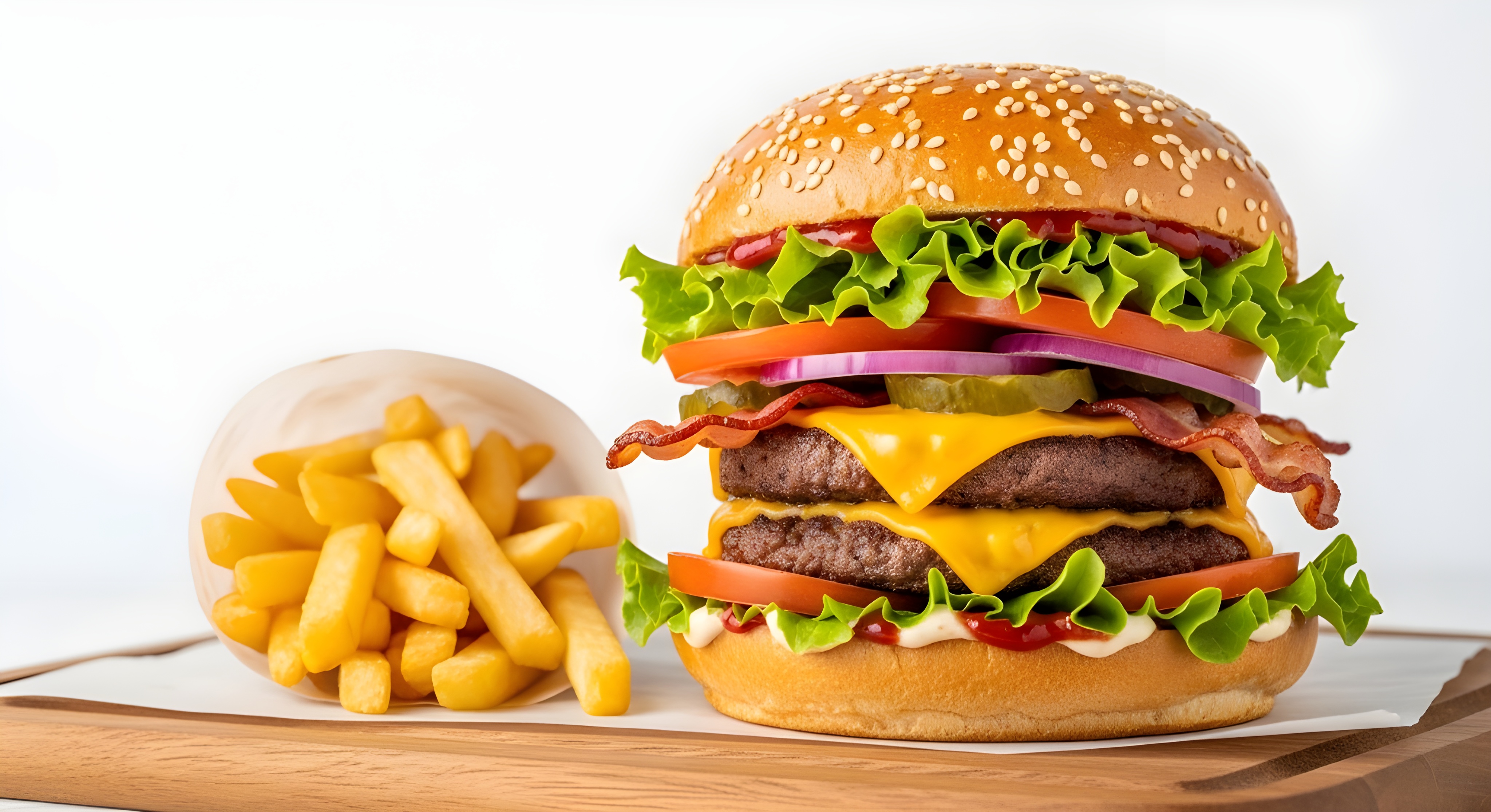 Hyperrealistic cinematic image of gourmet burger with beef patty cheddar cheese pickles lettuce tomato and crispy fries on rustic wooden board with warm lighting sparks and shallow depth effect #40014