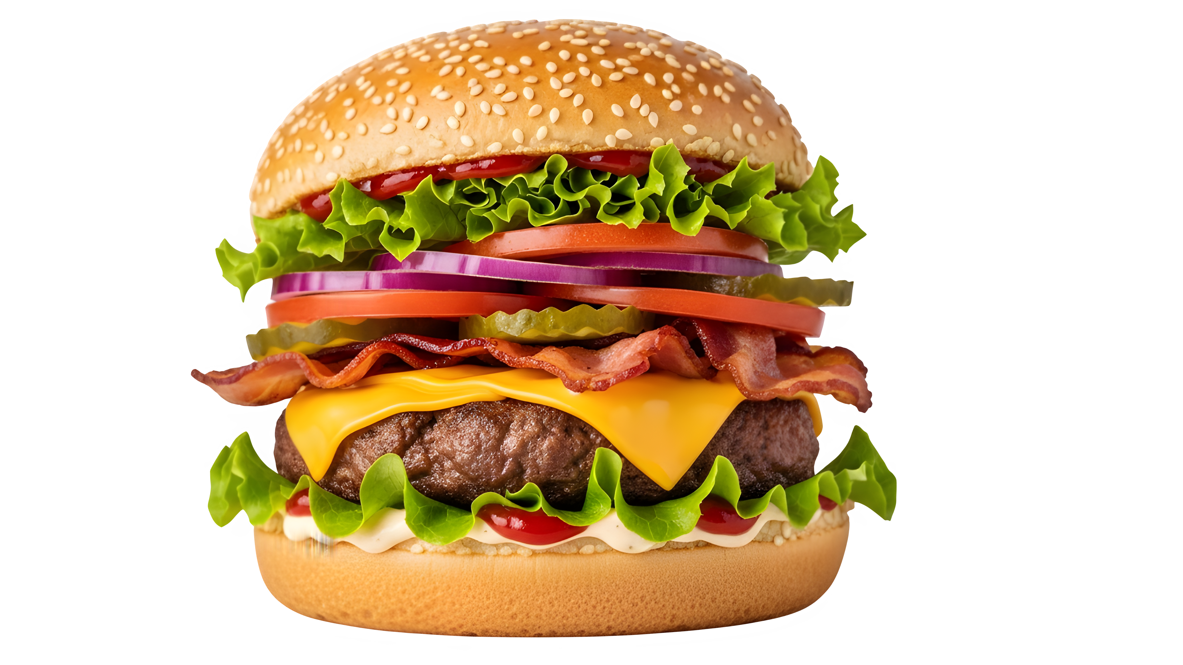 Hyperrealistic cinematic image of gourmet burger with beef patty cheddar cheese pickles lettuce tomato and crispy fries on rustic wooden board with warm lighting sparks and shallow depth effect #40015