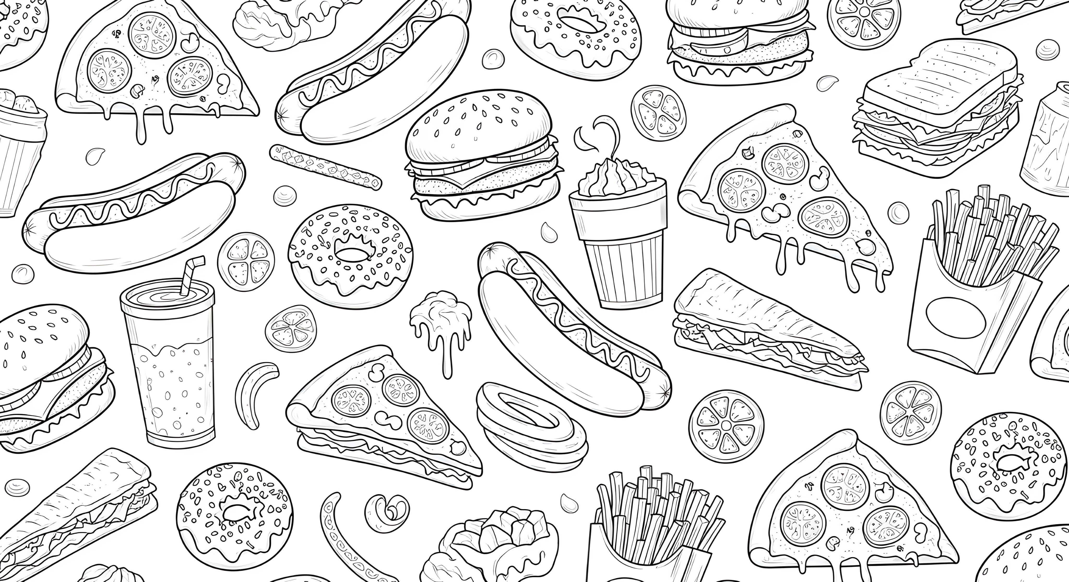 Fun cartoon food pattern illustration with hamburgers hot dogs pizza donuts sandwiches and fries in black line art on white background perfect for children design branding and digital media projects #40016
