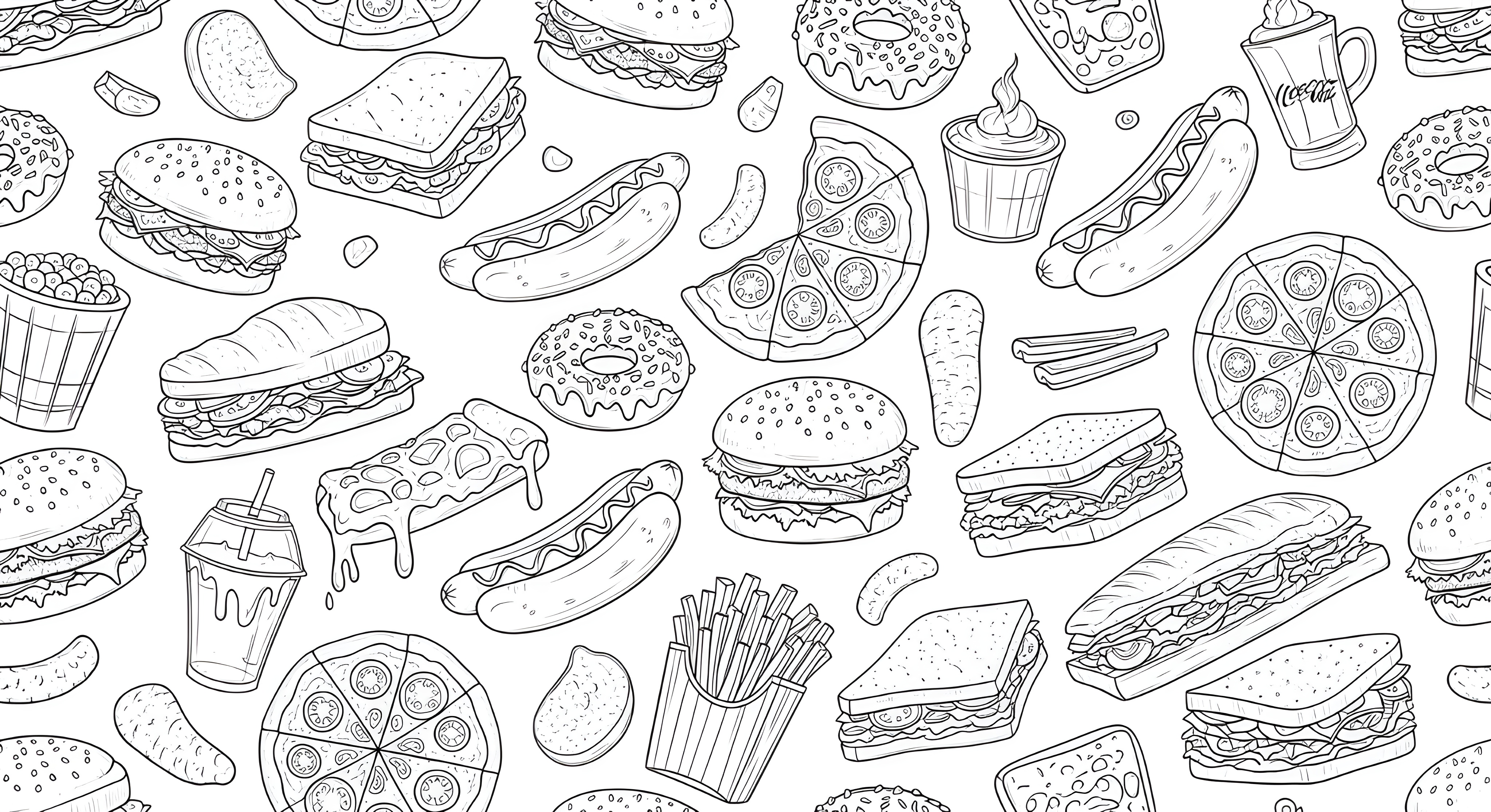 Fun cartoon food pattern illustration with hamburgers hot dogs pizza donuts sandwiches and fries in black line art on white background perfect for children design branding and digital media projects #40017