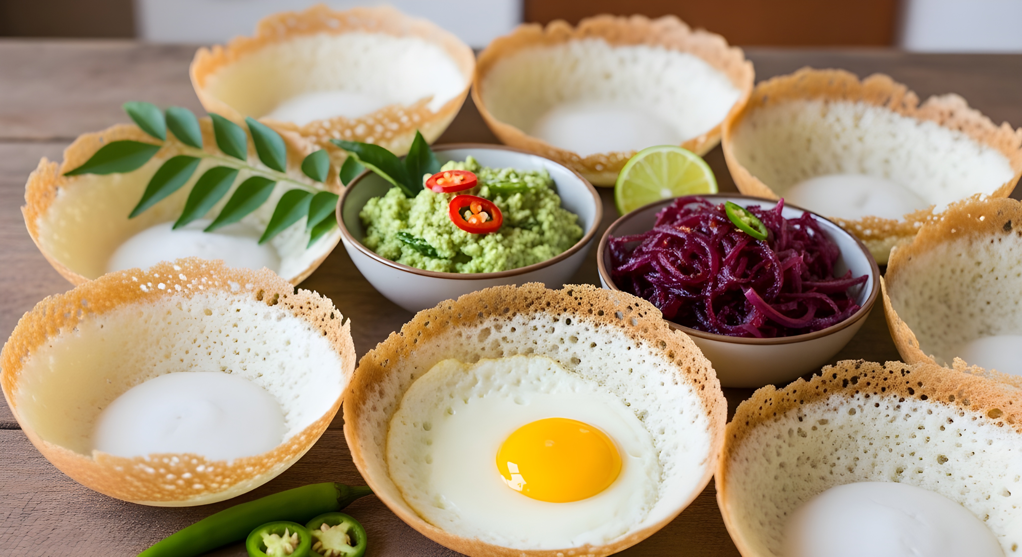 Fresh homemade Sri Lankan hoppers made with fermented rice batter and coconut milk served traditionally as a soft centered crispy edged breakfast dish common in Sri Lanka Kerala and Tamil Nadu cuisine #40023