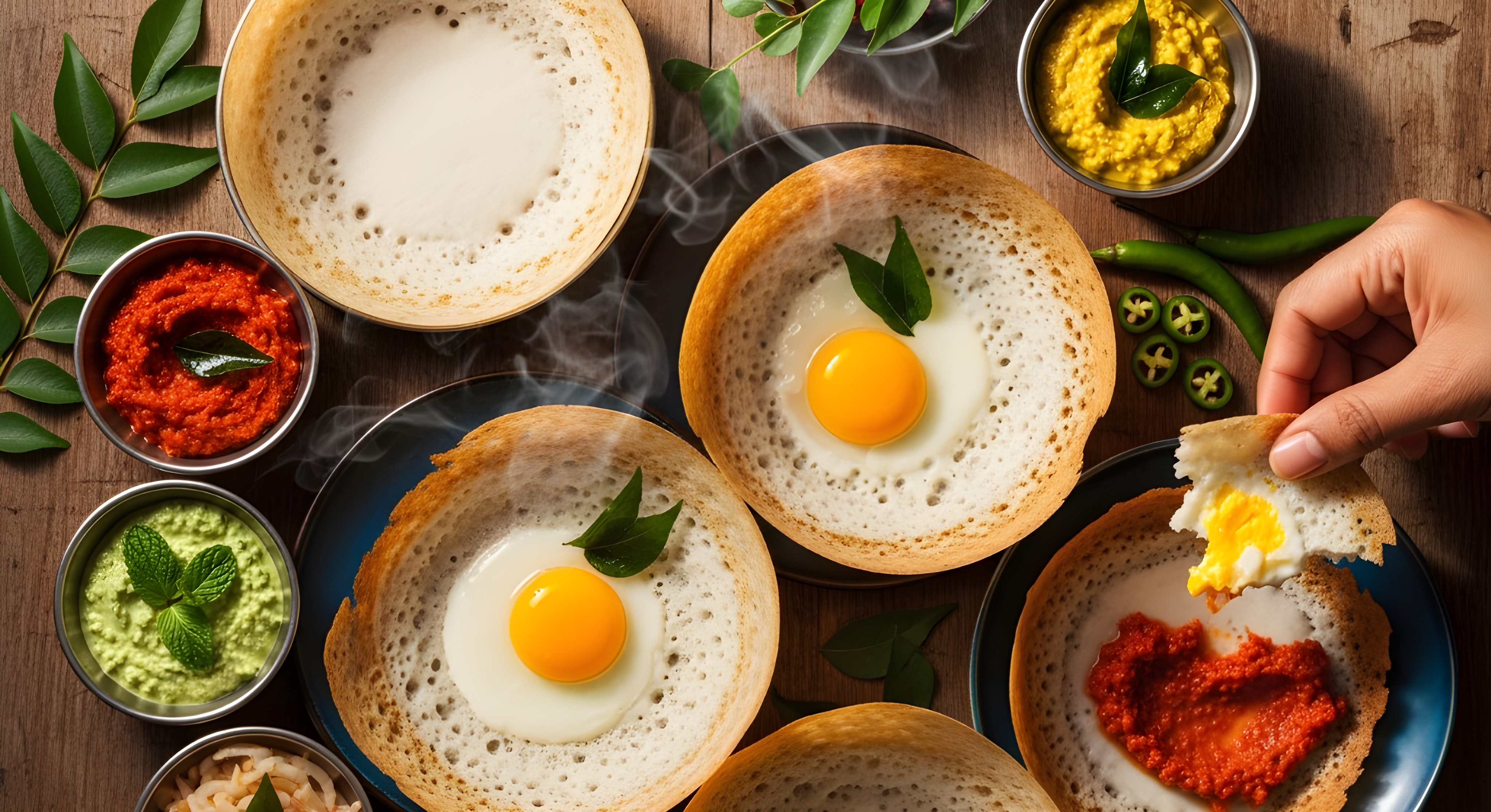 Fresh homemade Sri Lankan hoppers made with fermented rice batter and coconut milk served traditionally as a soft centered crispy edged breakfast dish common in Sri Lanka Kerala and Tamil Nadu cuisine #40024