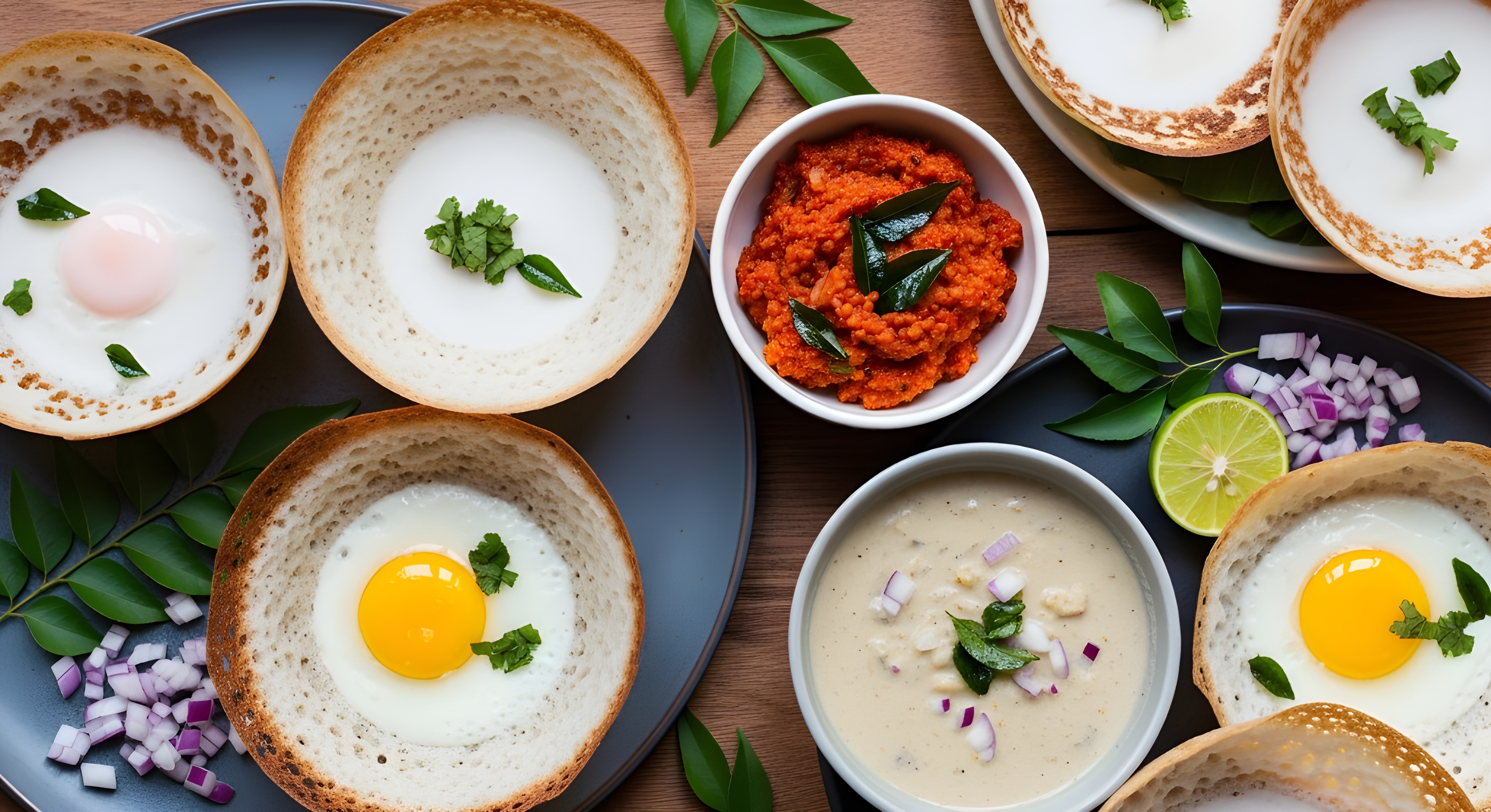 Fresh homemade Sri Lankan hoppers made with fermented rice batter and coconut milk served traditionally as a soft centered crispy edged breakfast dish common in Sri Lanka Kerala and Tamil Nadu cuisine #40025