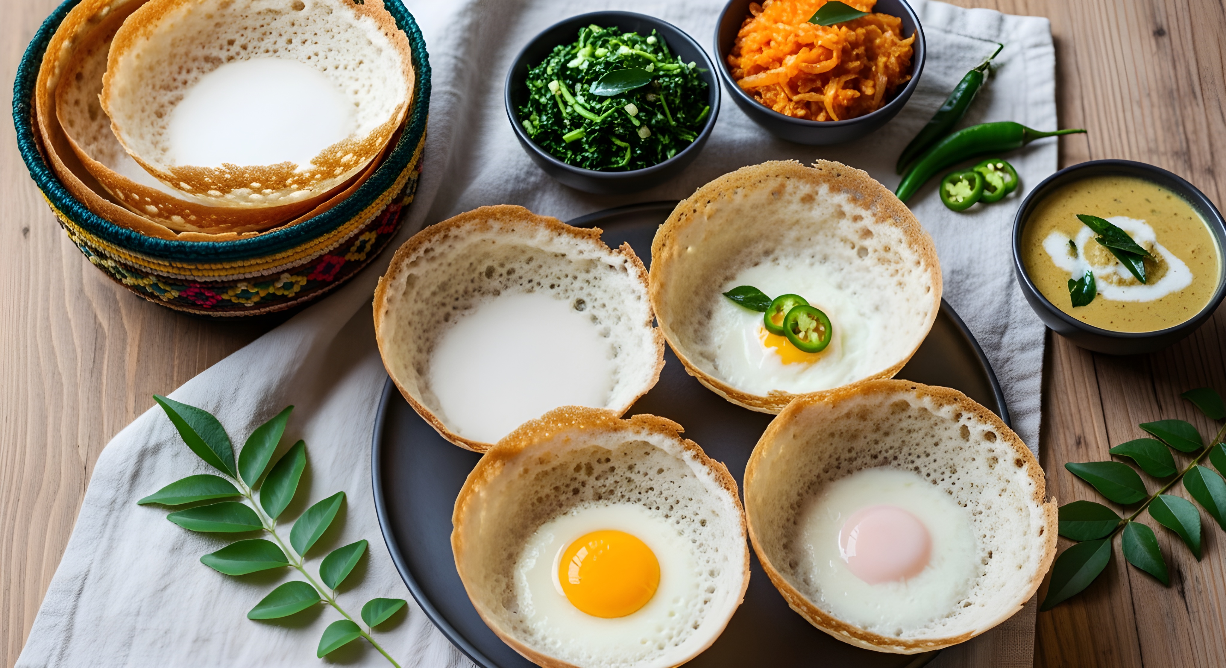 Fresh homemade Sri Lankan hoppers made with fermented rice batter and coconut milk served traditionally as a soft centered crispy edged breakfast dish common in Sri Lanka Kerala and Tamil Nadu cuisine #40026