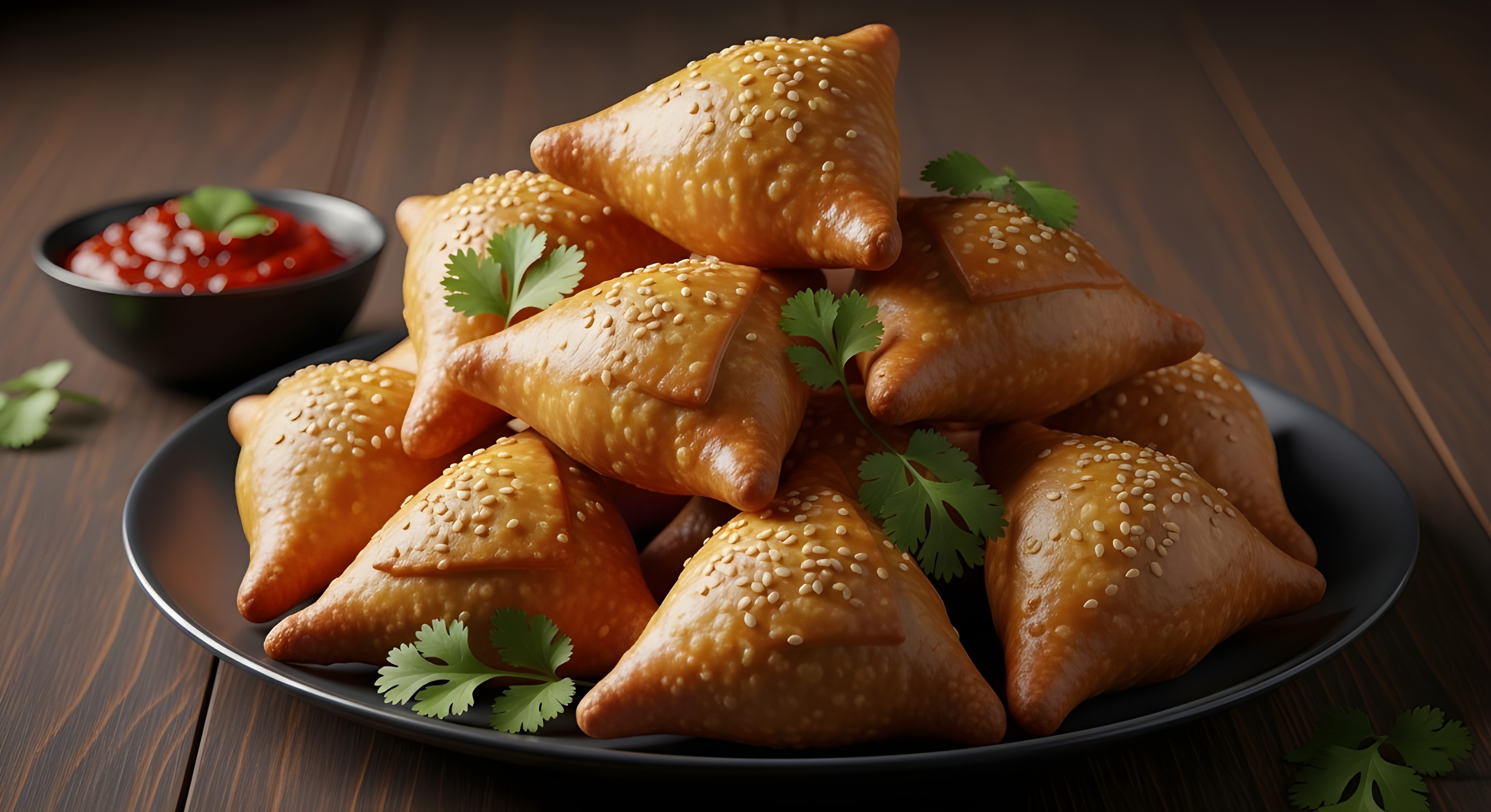 Golden brown crispy samosas stacked on plate with sesame seeds and cilantro served with red chutney on dark wood background in cozy lighting perfect for food photography with realistic detail and text #40027