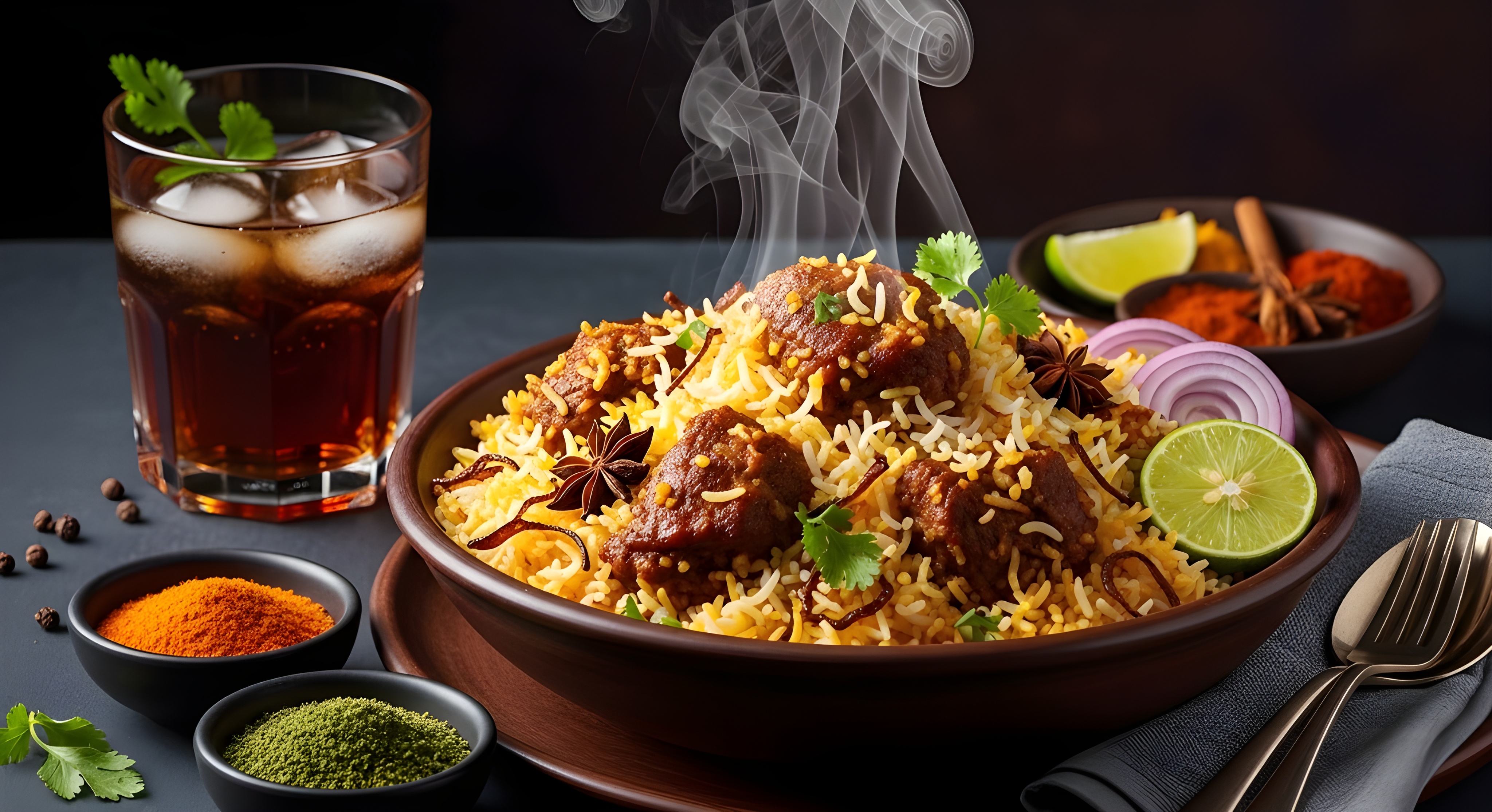 Aromatic biryani served in a rustic bowl with tender meat vibrant spices fresh herbs lime wedges condiments and a cold drink on a dark background with rising steam and warm inviting lighting #40029