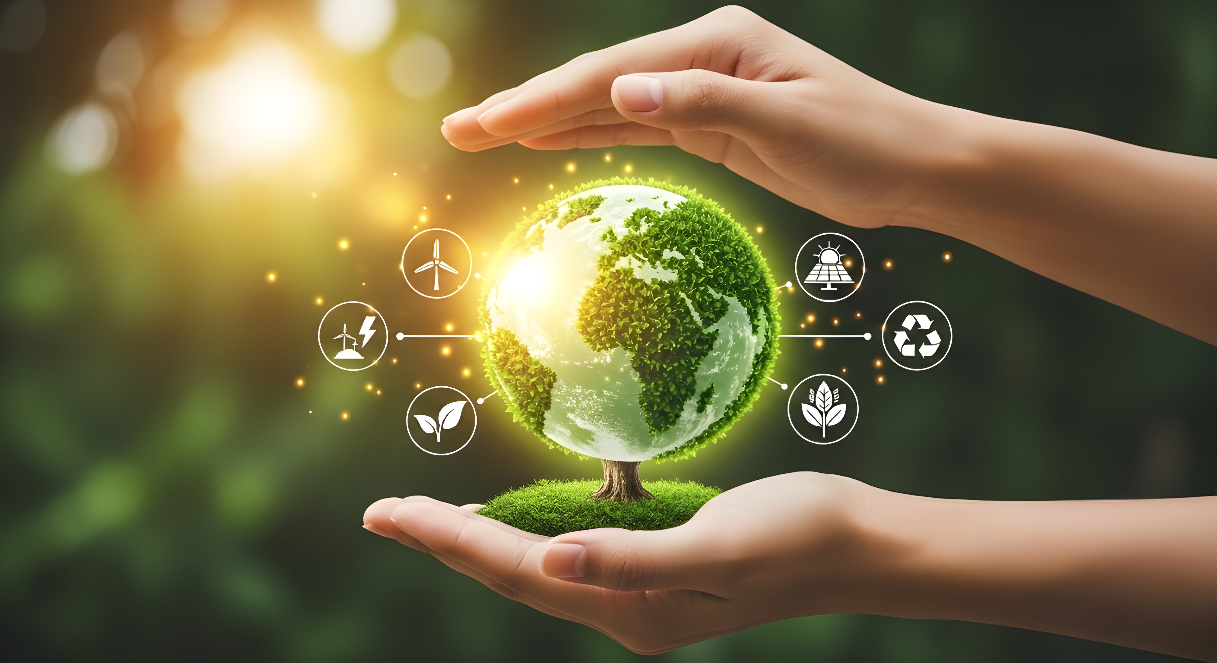 Hands Gently Protecting Green Tree Shaped Globe on Tropical Nature Background, Summer Ecology Awareness, Environmental Protection Concept, Sustainable Planet Earth Care and Conservation Symbol. #40034
