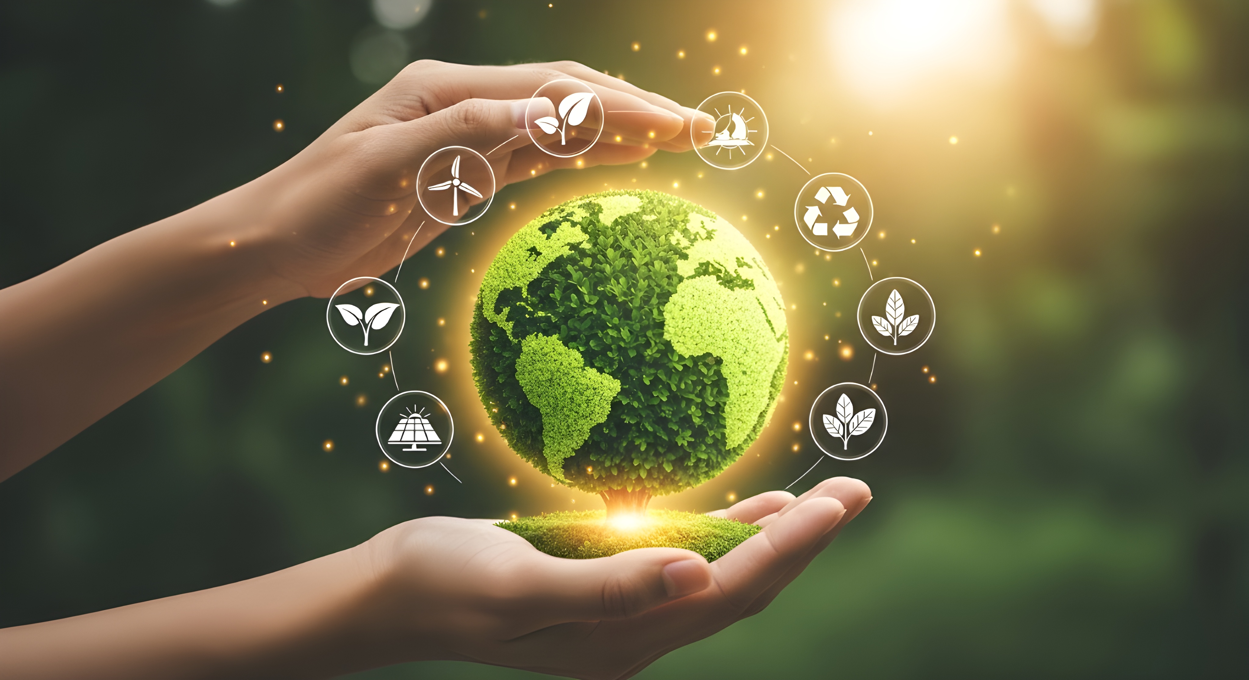 Hands Gently Protecting Green Tree Shaped Globe on Tropical Nature Background, Summer Ecology Awareness, Environmental Protection Concept, Sustainable Planet Earth Care and Conservation Symbol. #40035