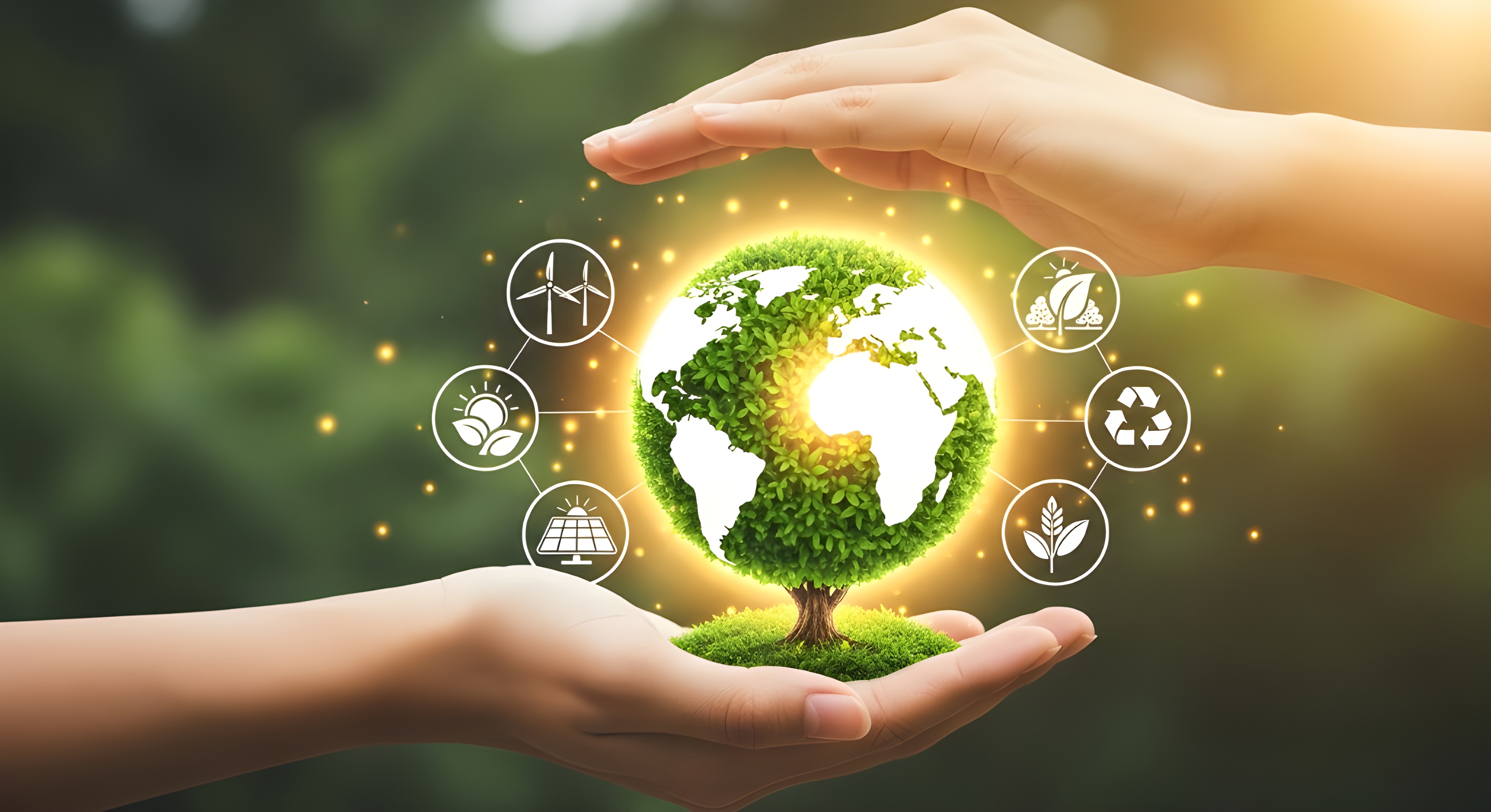 Hands Gently Protecting Green Tree Shaped Globe on Tropical Nature Background, Summer Ecology Awareness, Environmental Protection Concept, Sustainable Planet Earth Care and Conservation Symbol. #40036