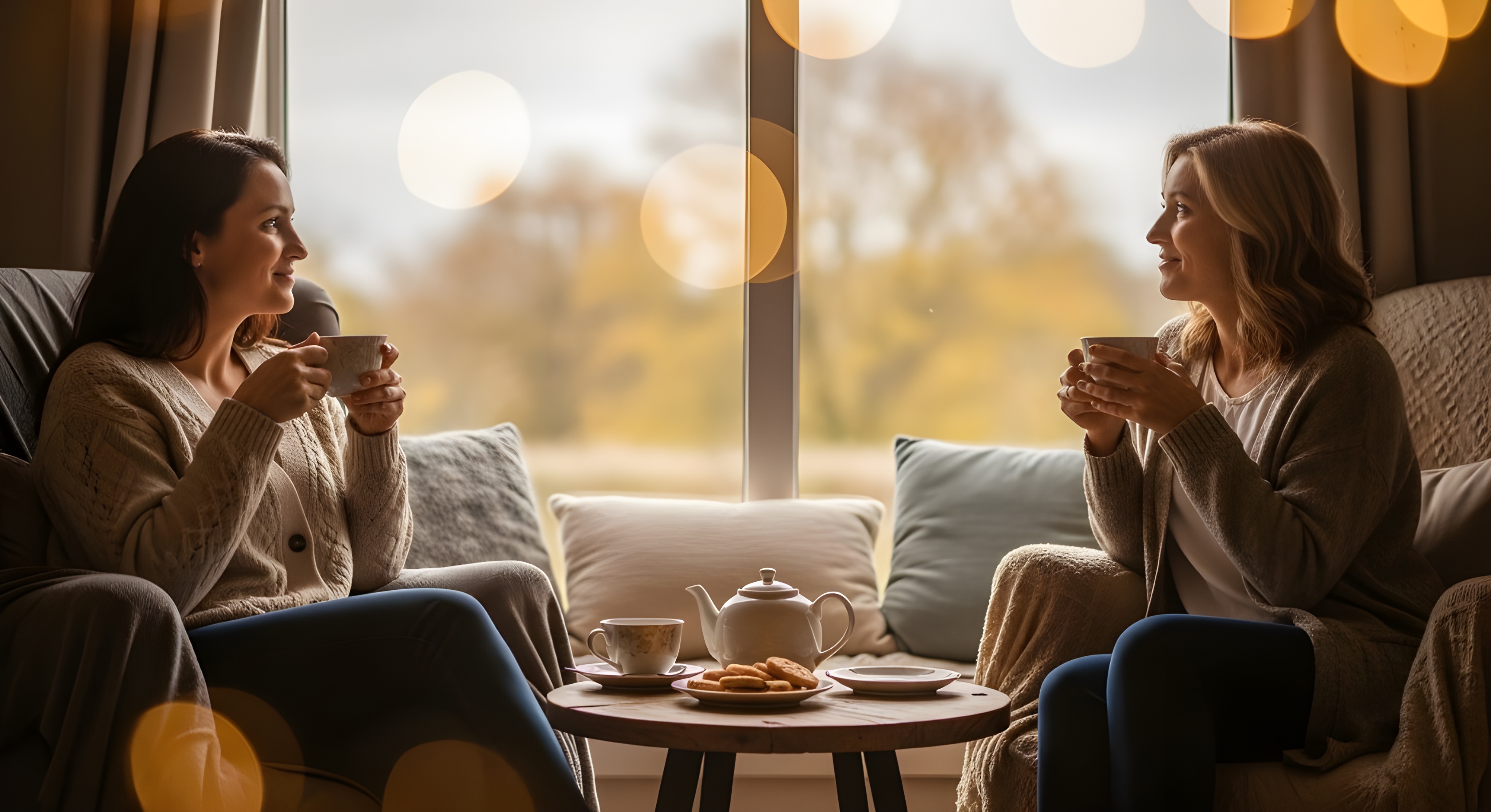 Warm Indoor Moment with Women Enjoying Tea by Window Cozy Lifestyle Scene Featuring Natural Light, Friendship, Relaxation, and Serene Domestic #40040