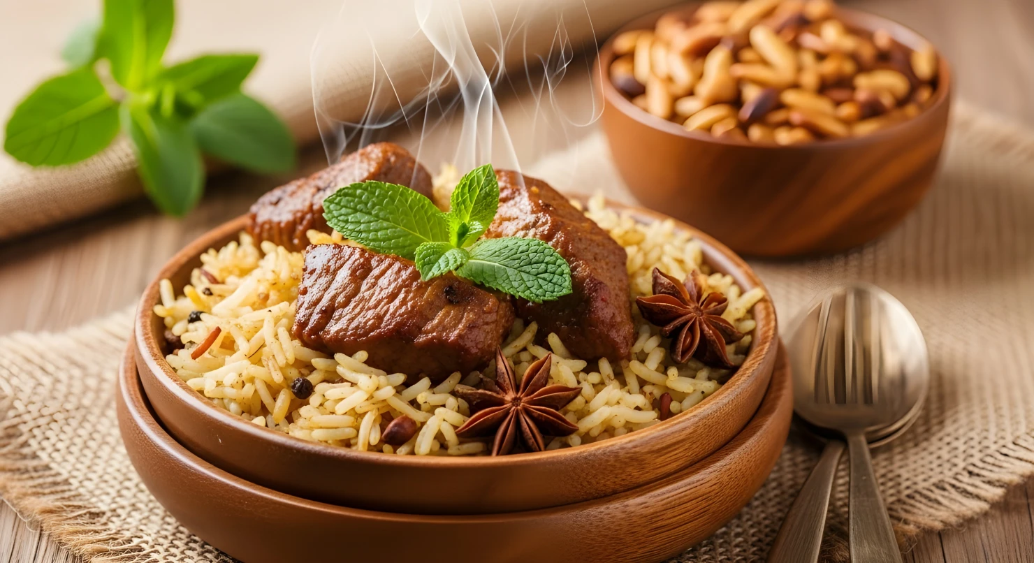 Aromatic biryani served in a rustic bowl with tender meat vibrant spices fresh herbs lime wedges condiments and a cold drink on a dark background with rising steam and warm inviting lighting #40028