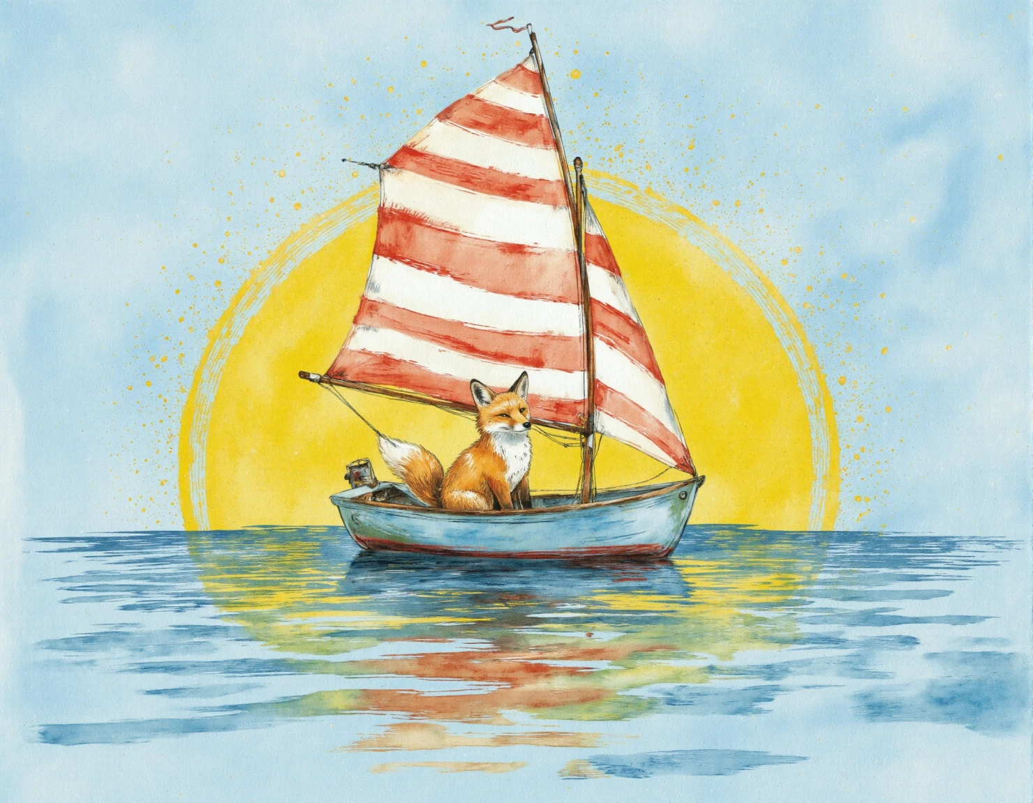 Whimsical Watercolor Fox Sailing in a Striped Sailboat under the Sun #40043