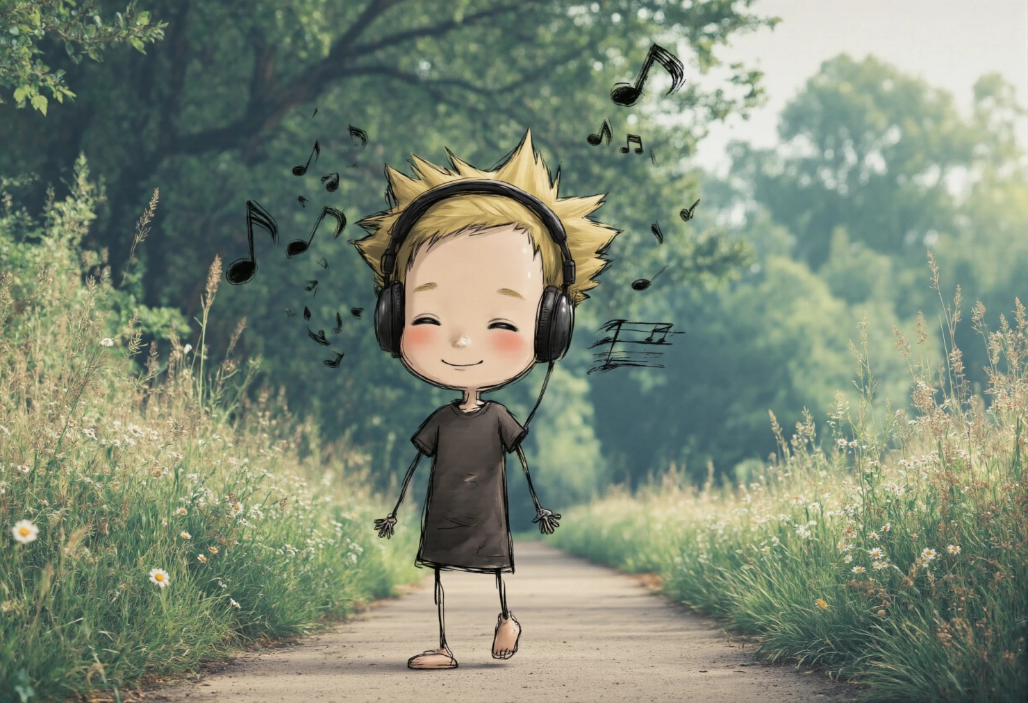 Cartoon Boy Listening to Music with Headphones on a Nature Walk #40044