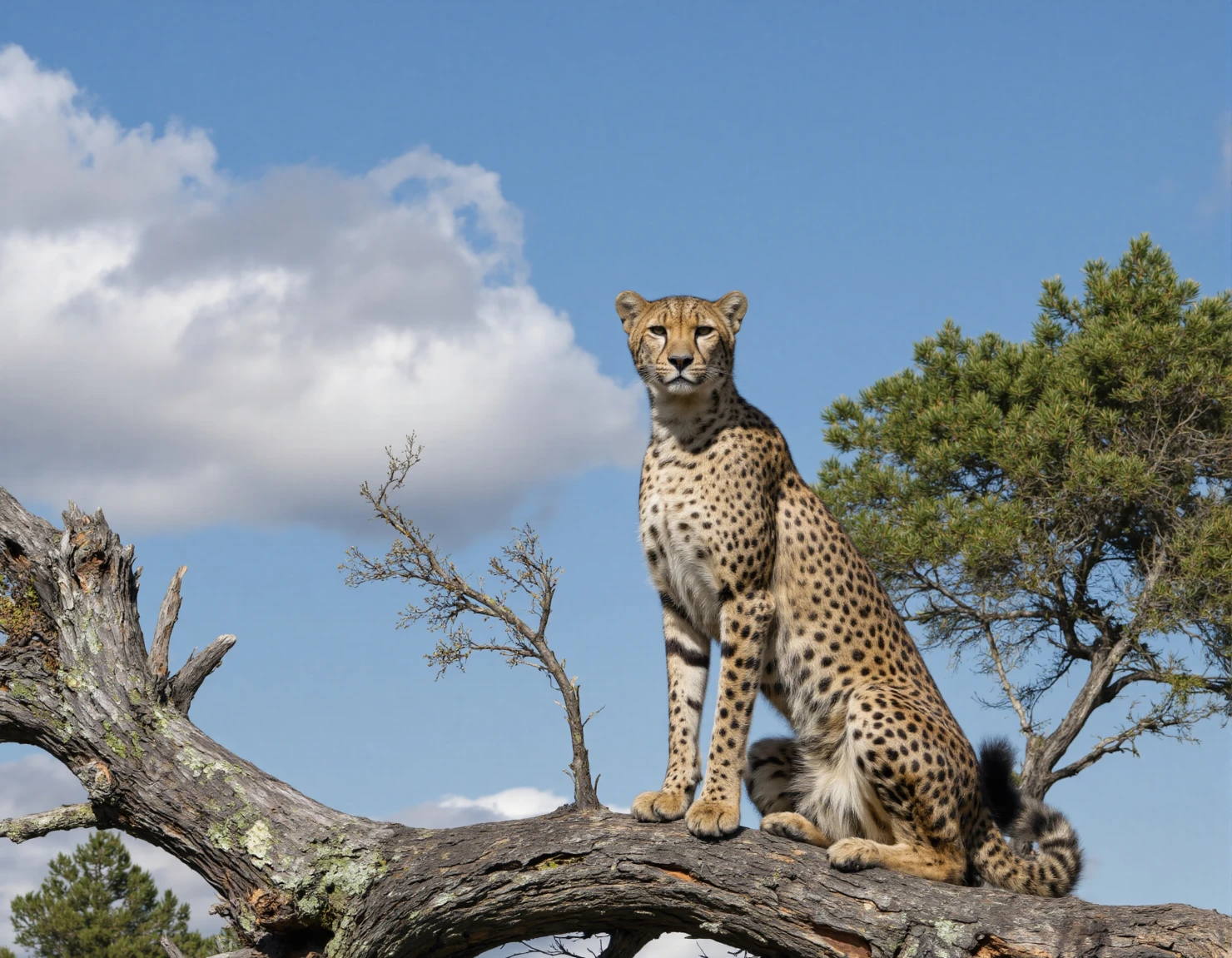 Cheetah perched on a tree branch against a blue sky #40081