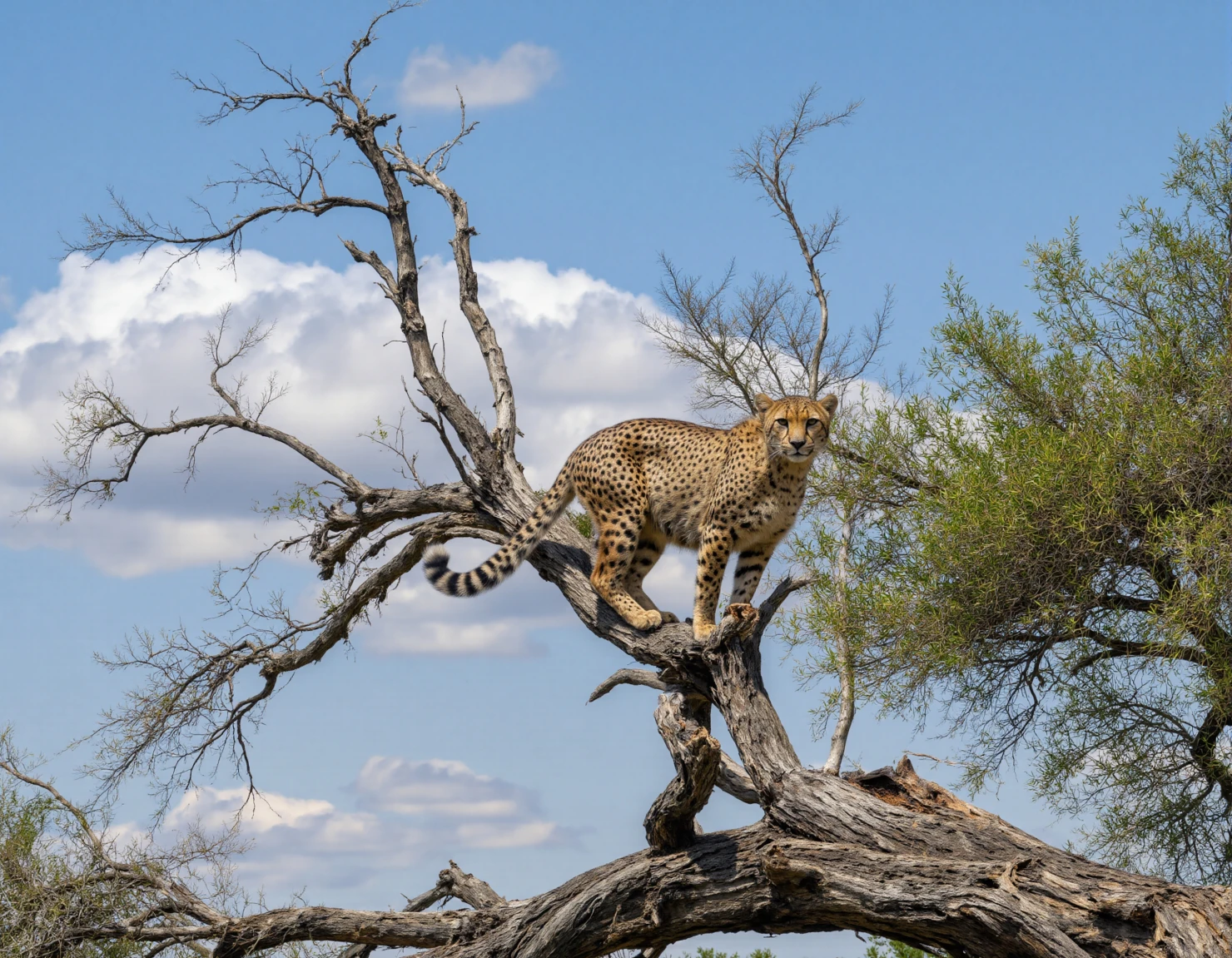 Cheetah perched on a tree branch against a blue sky #40082