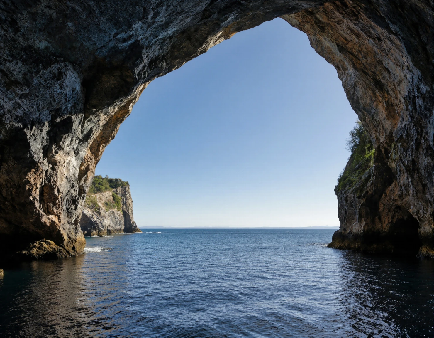 Coastal Cave Entrance Opening to the Sea under a Clear Blue Sky #40094