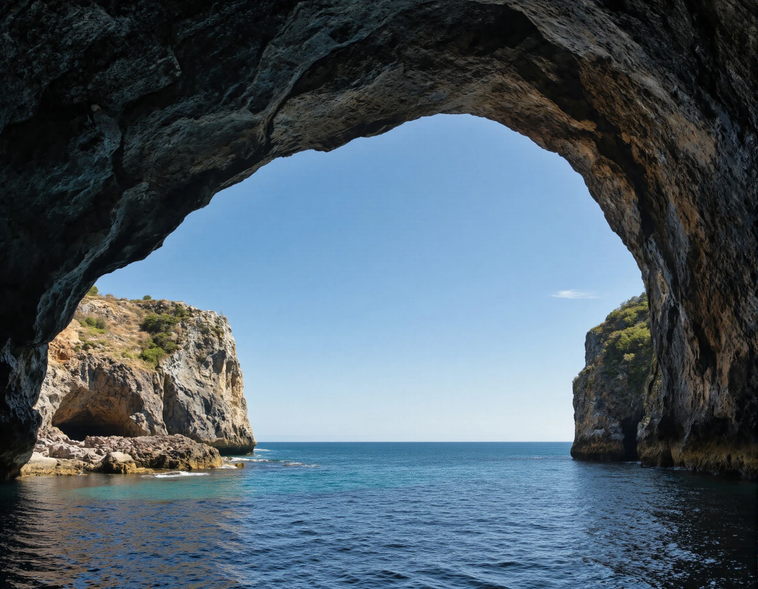 Coastal Cave Entrance Opening to the Sea under a Clear Blue Sky #40095