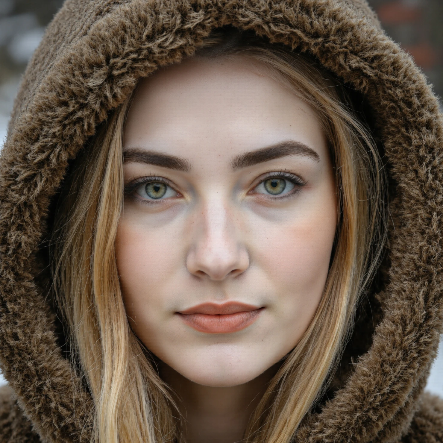 Blonde woman in a fluffy brown hood #40097